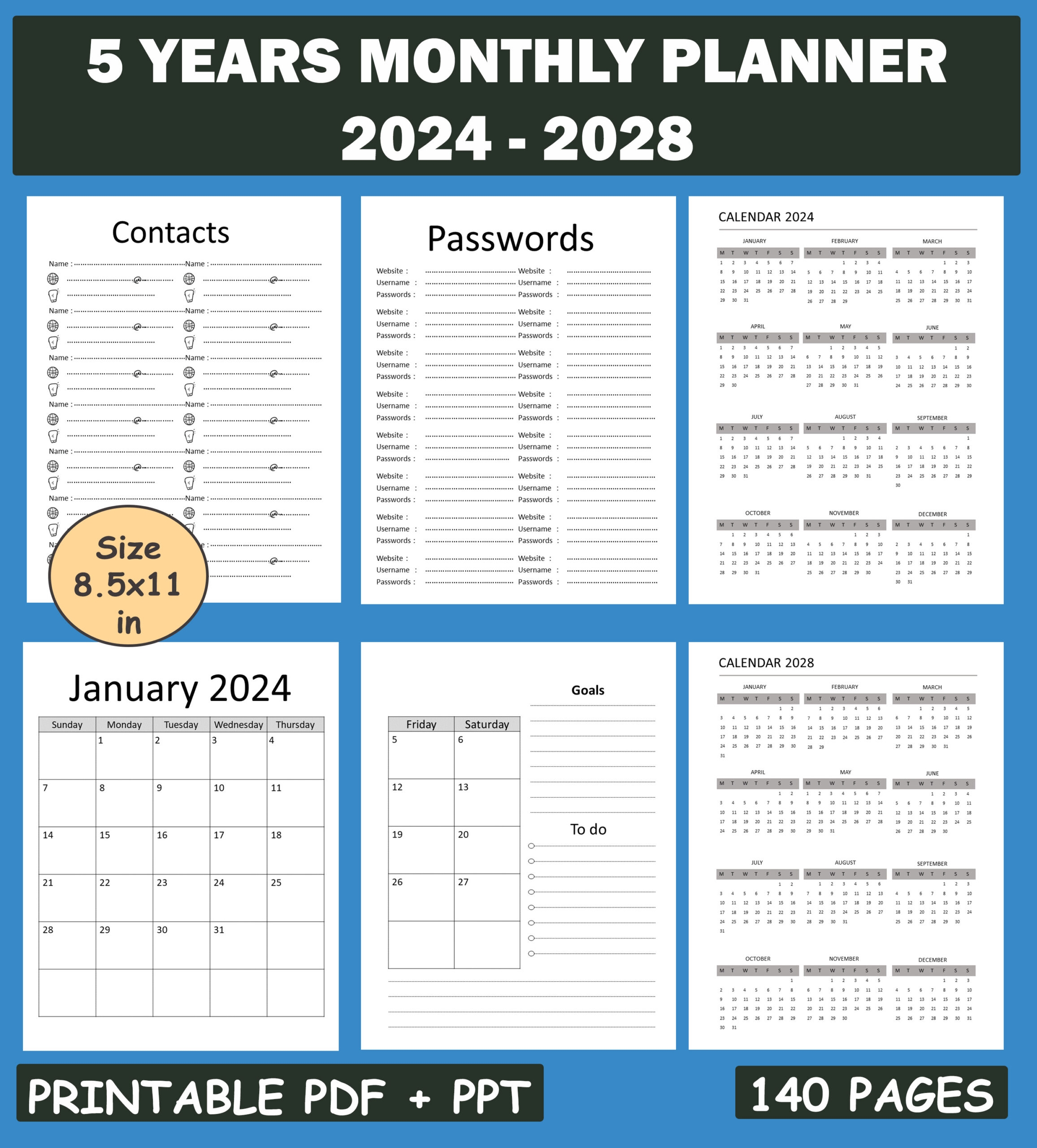 5 Years Monthly Planner 2024 2028 At A Glance 5 Year Calendar 