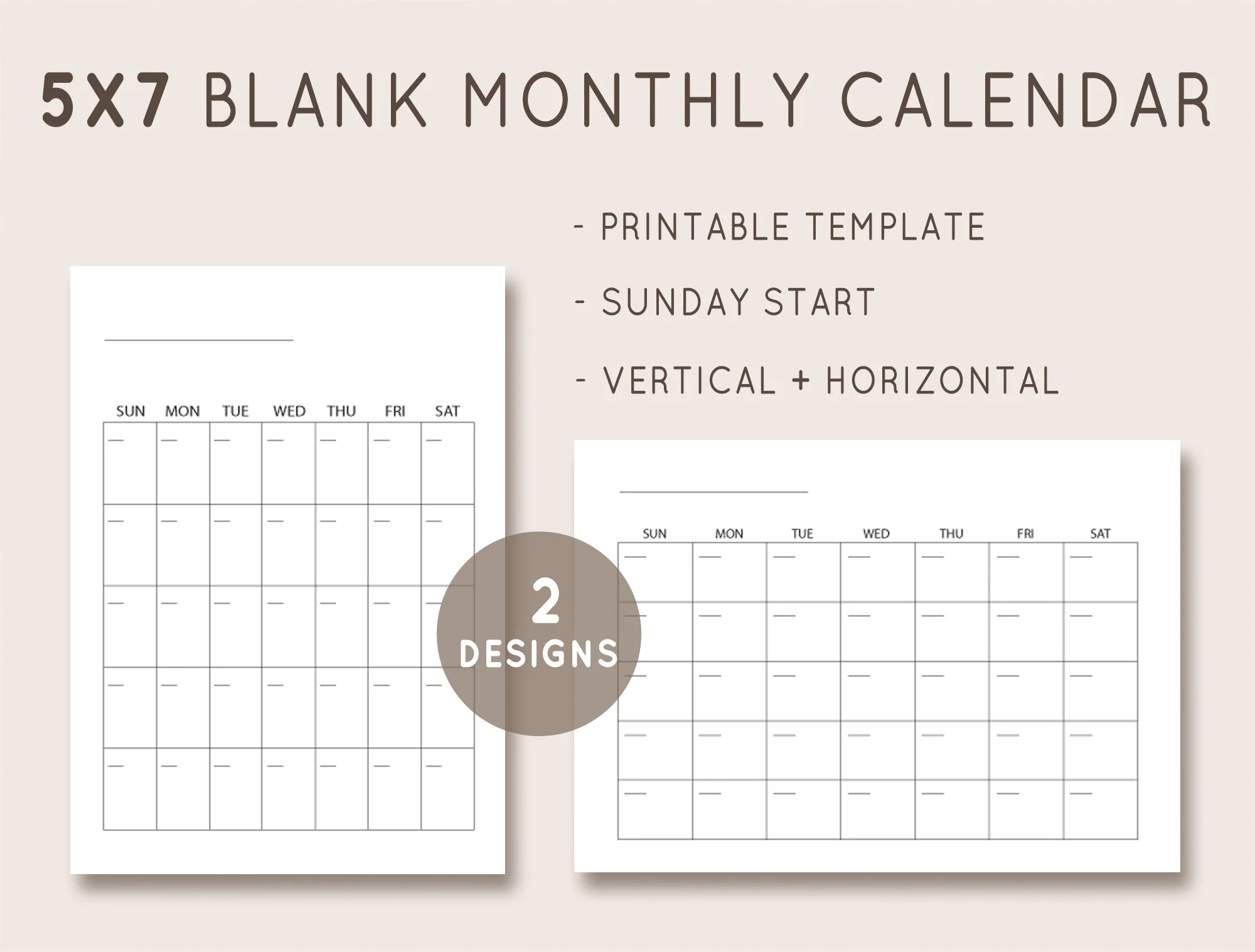 5x7 Blank Monthly Calendar Template Vertical Horizontal digital 