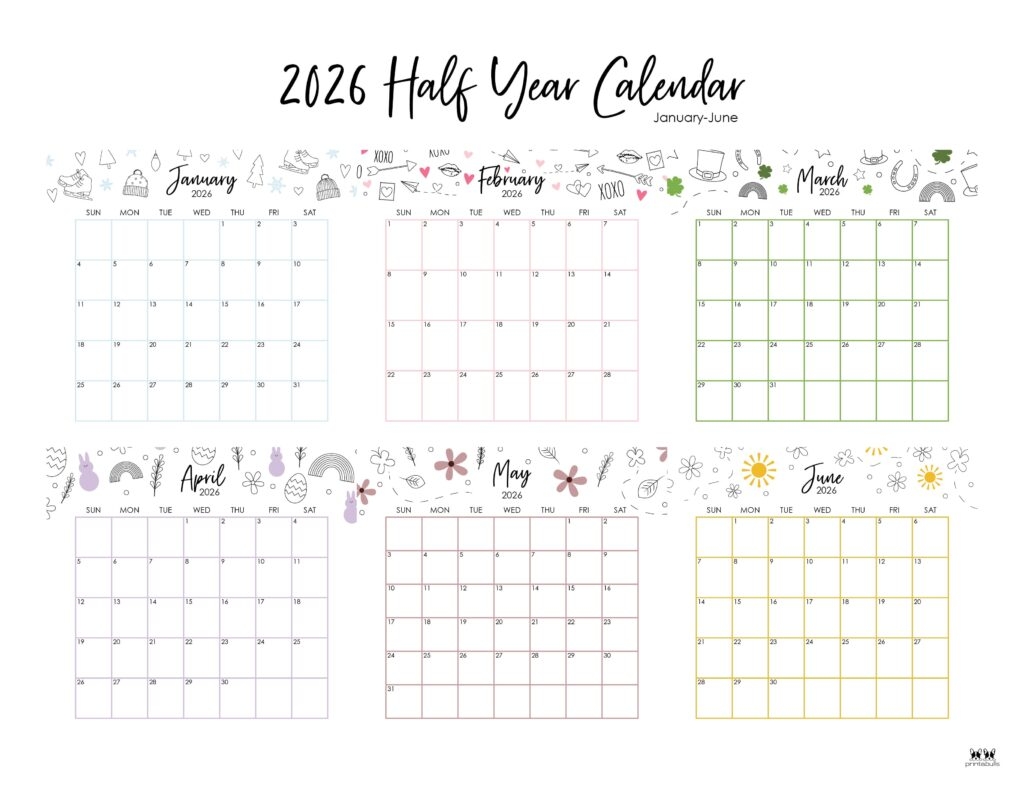 6 Month Calendars 2026 40 FREE Calendars Printabulls