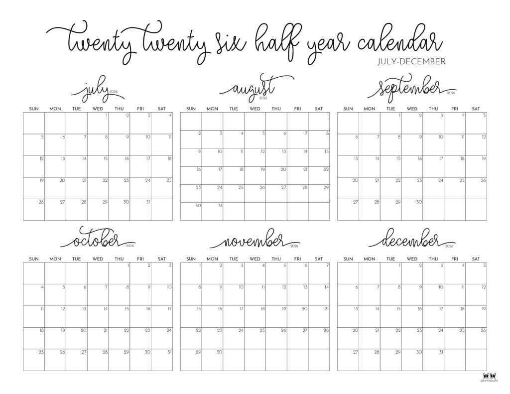 6 Month Calendars 2026 40 FREE Calendars Printabulls