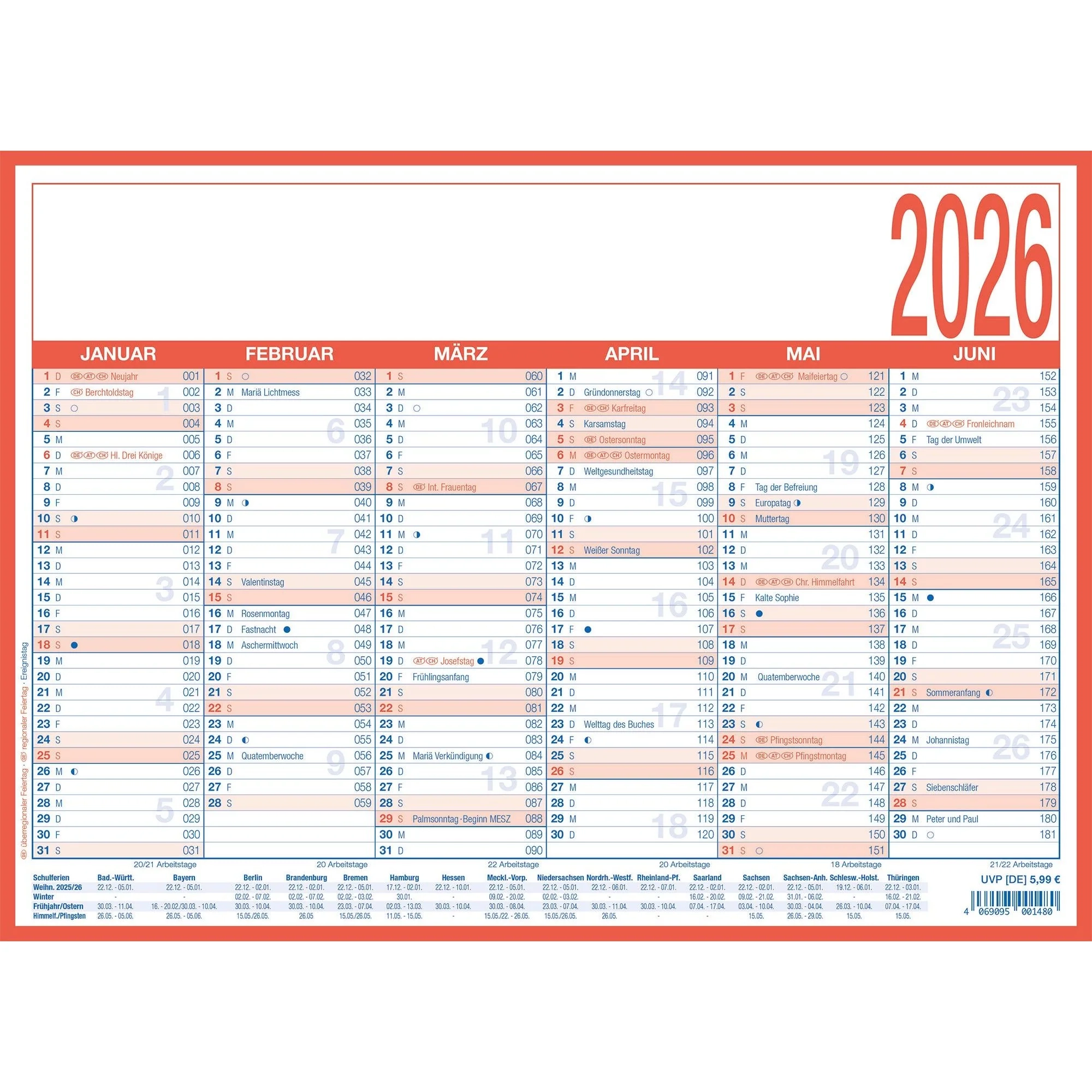 A4 Laminated Workday Calendar 2026 Buy The 2026 Annual Planner 