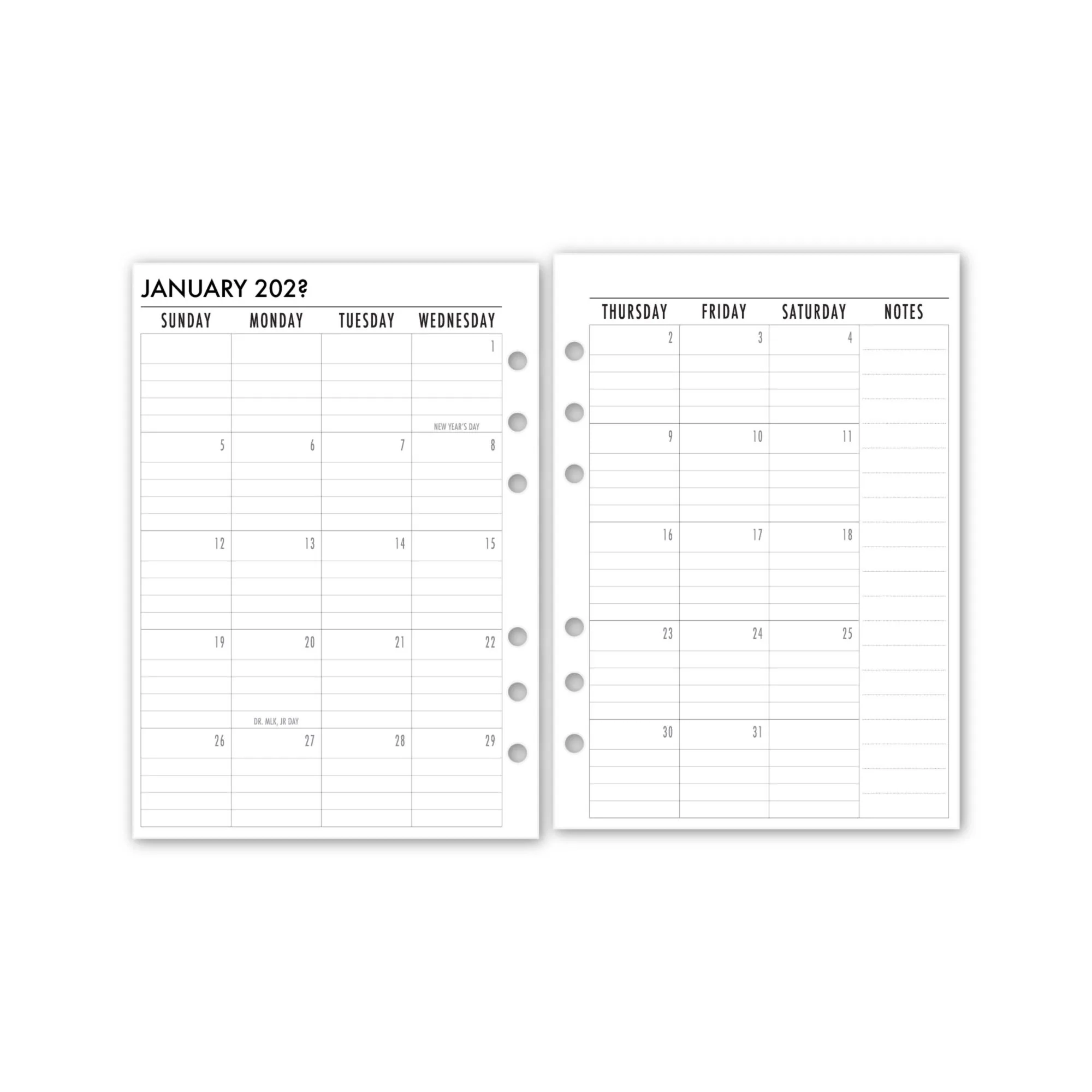 A5 Lined Month On 2 Pages Calendar Refill Printed Planner Insert 