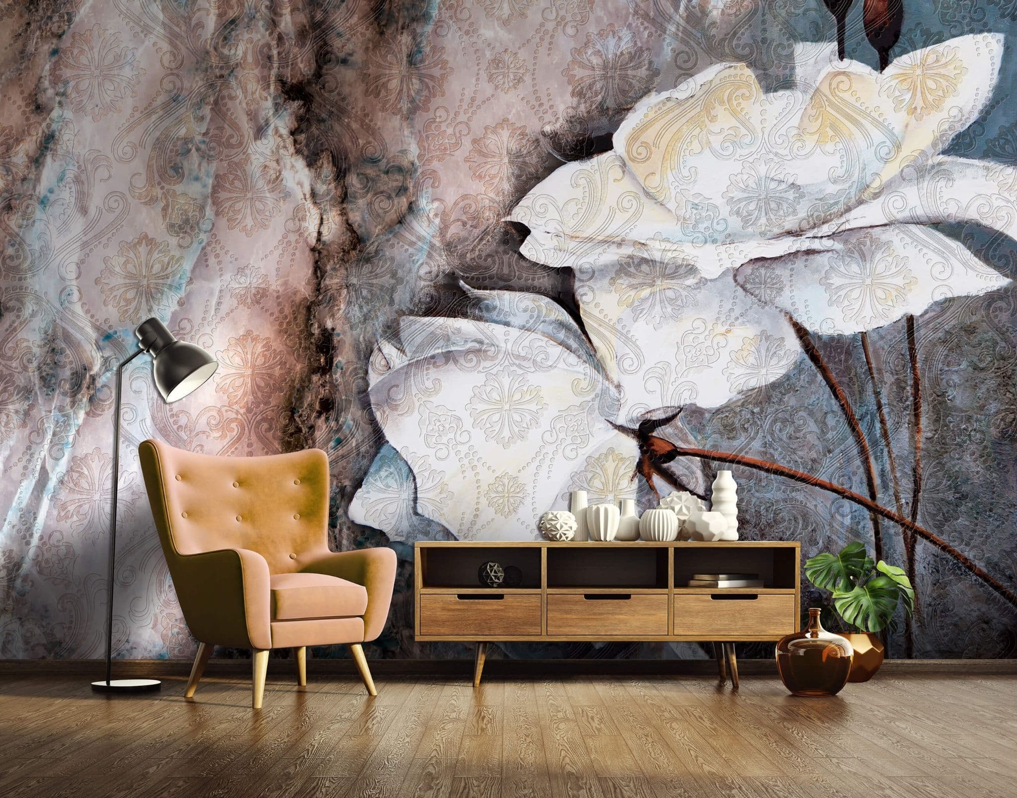 Abstract Floral Composition White Non Woven Photo Wallpaper