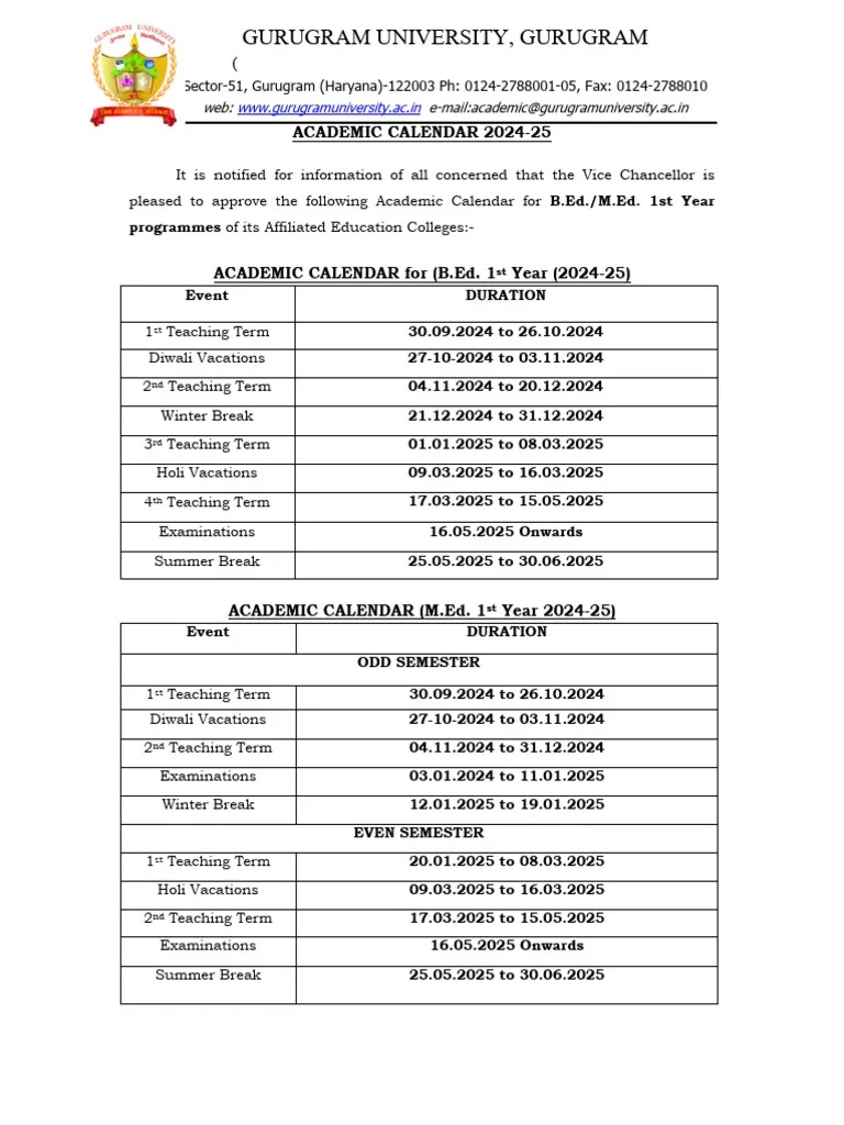Academic Calendar For B Ed amp M Ed 1st Year For The Session 2024 