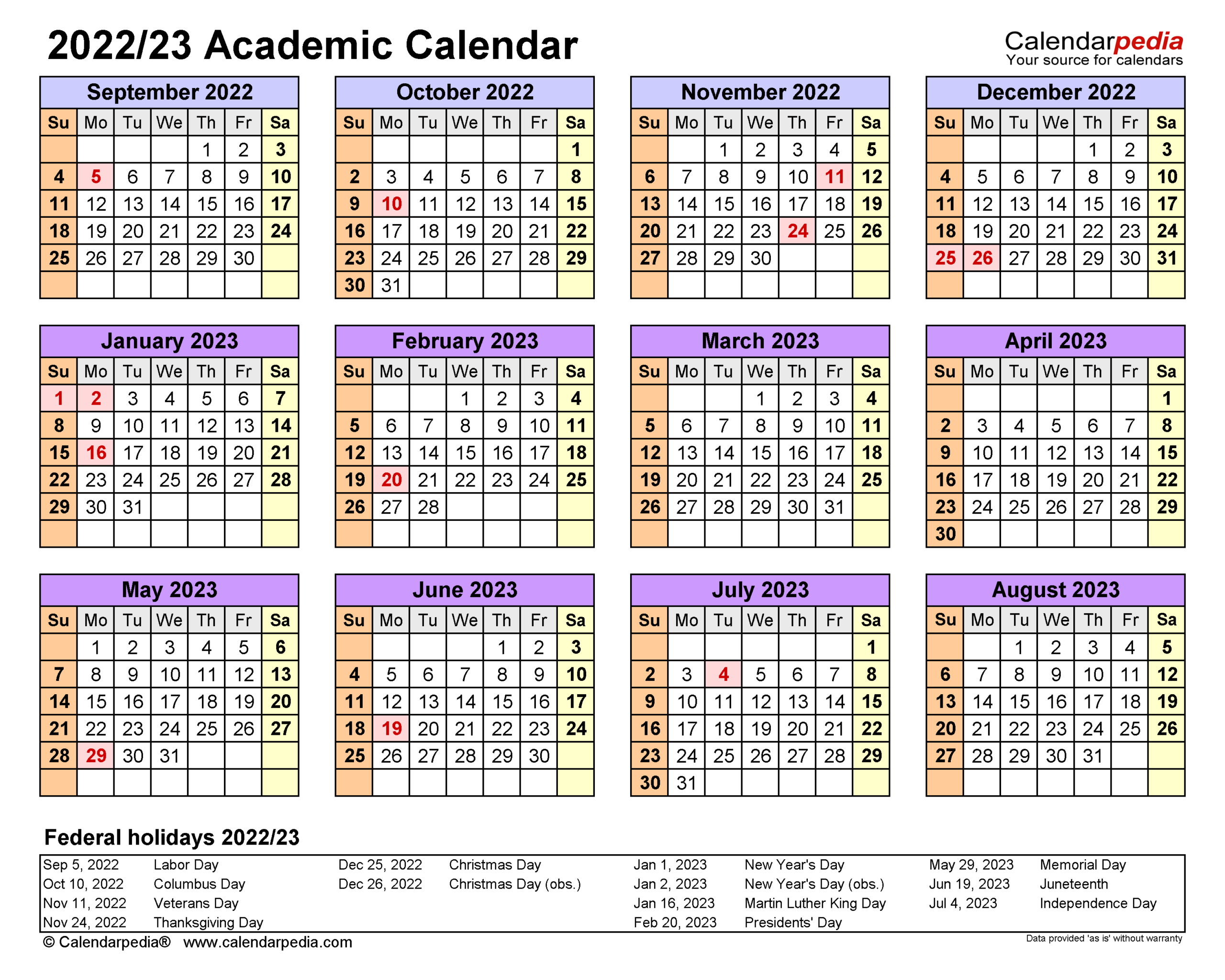 Academic Calendars 2022 2023 Free Printable Word Templates