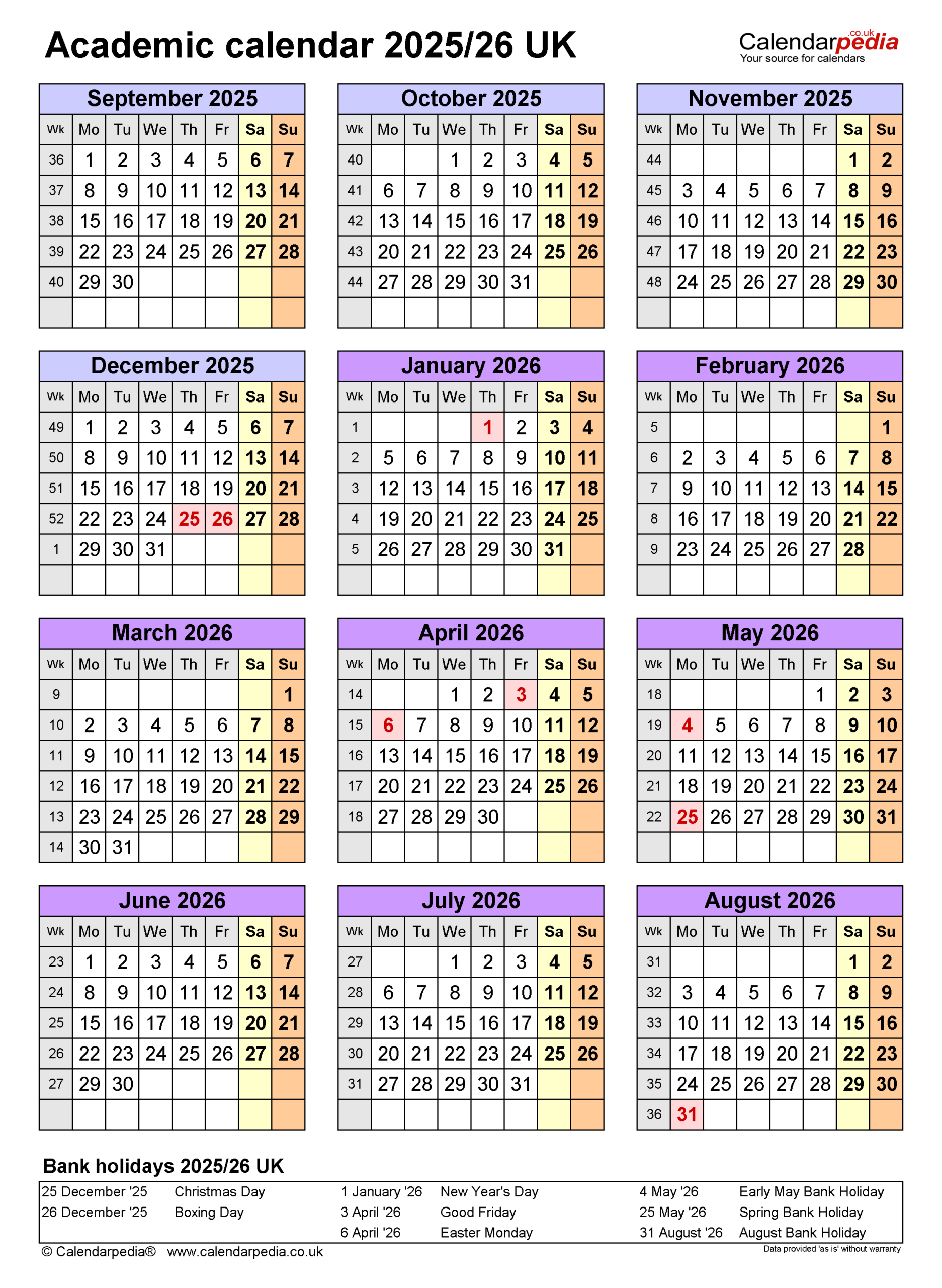 Academic Calendars 2025 26 UK Free Printable Word Templates