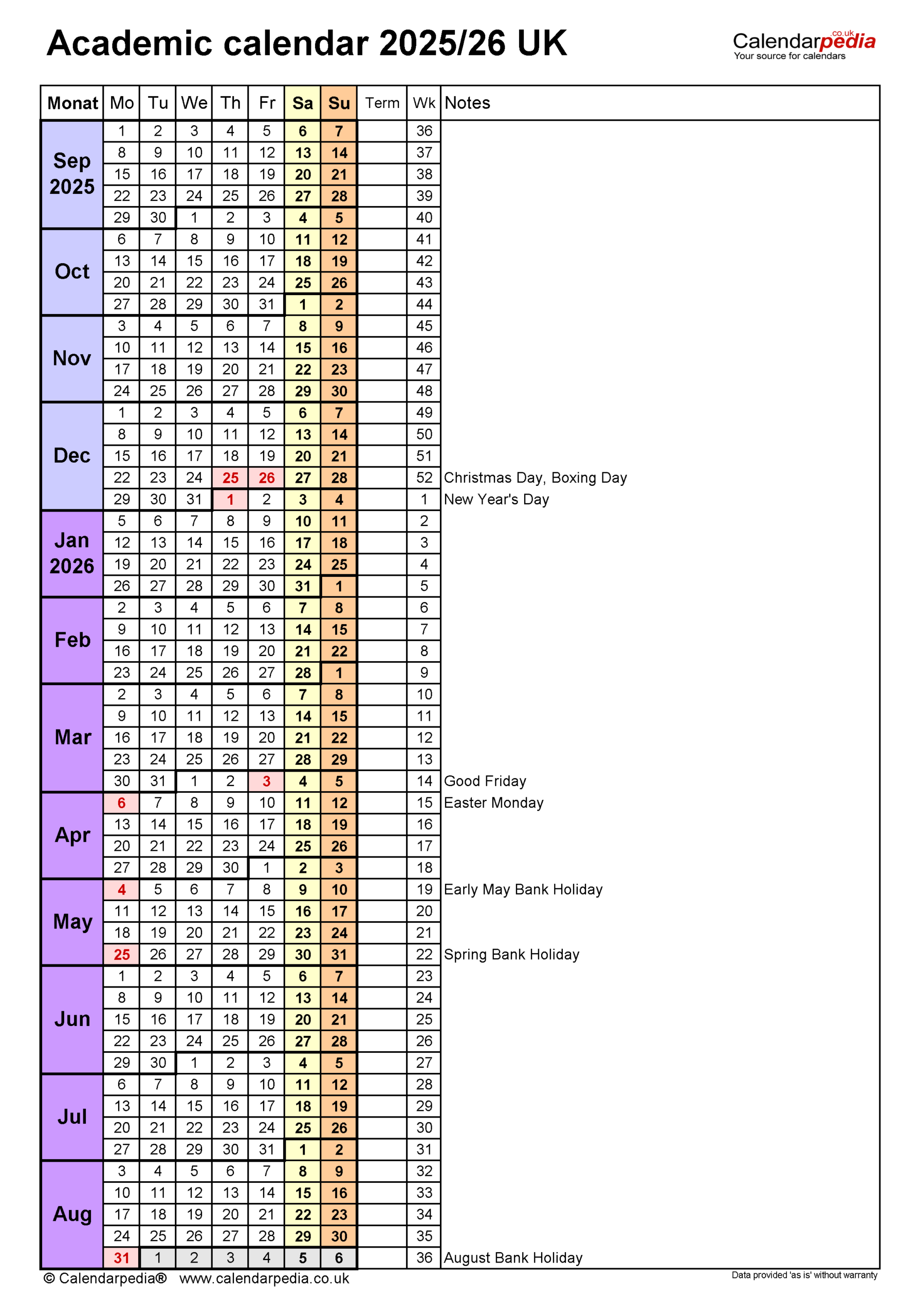 Academic Calendars 2025 26 UK Free Printable Word Templates