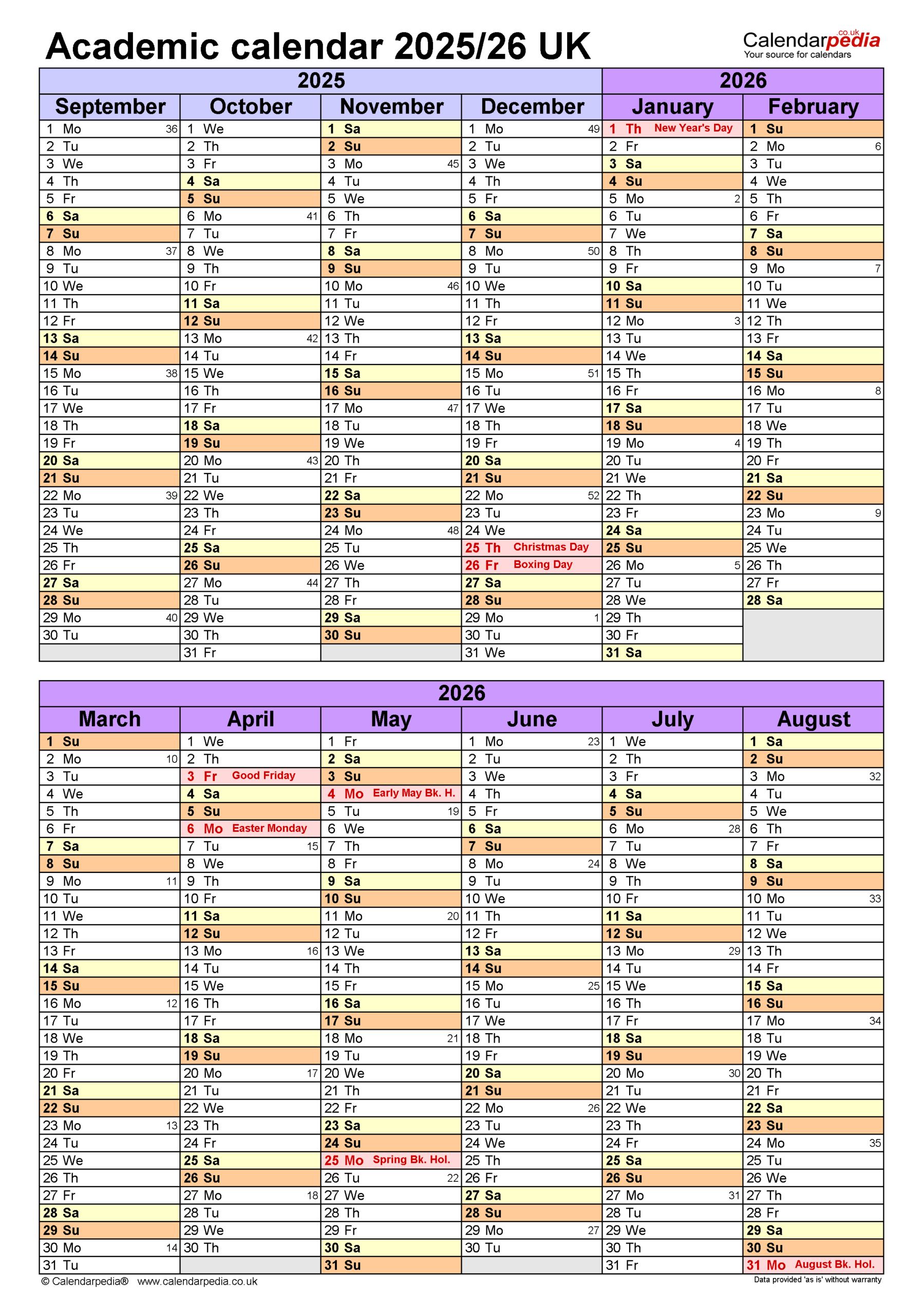 Academic Calendars 2025 26 UK Free Printable Word Templates