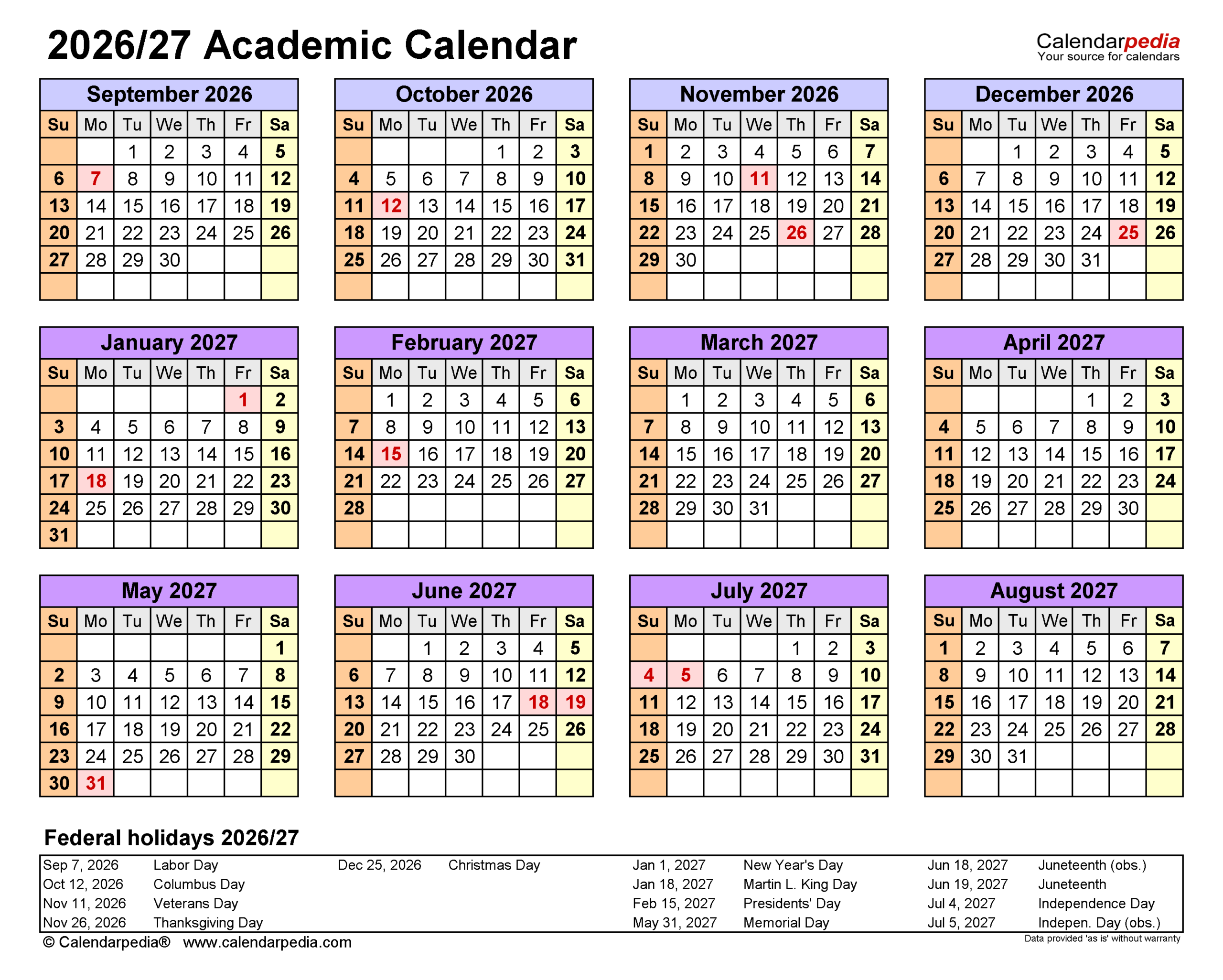 Academic Calendars 2026 2027 Free Printable PDF Templates