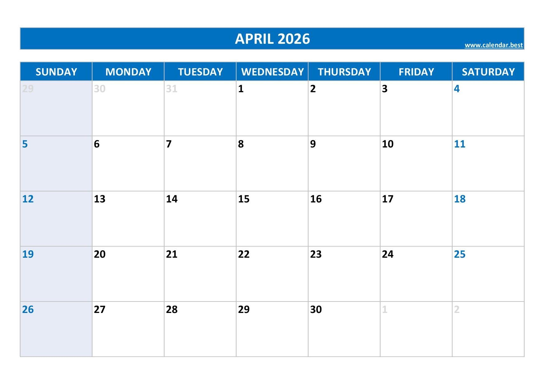 Blank April 2026 Calendar Printable