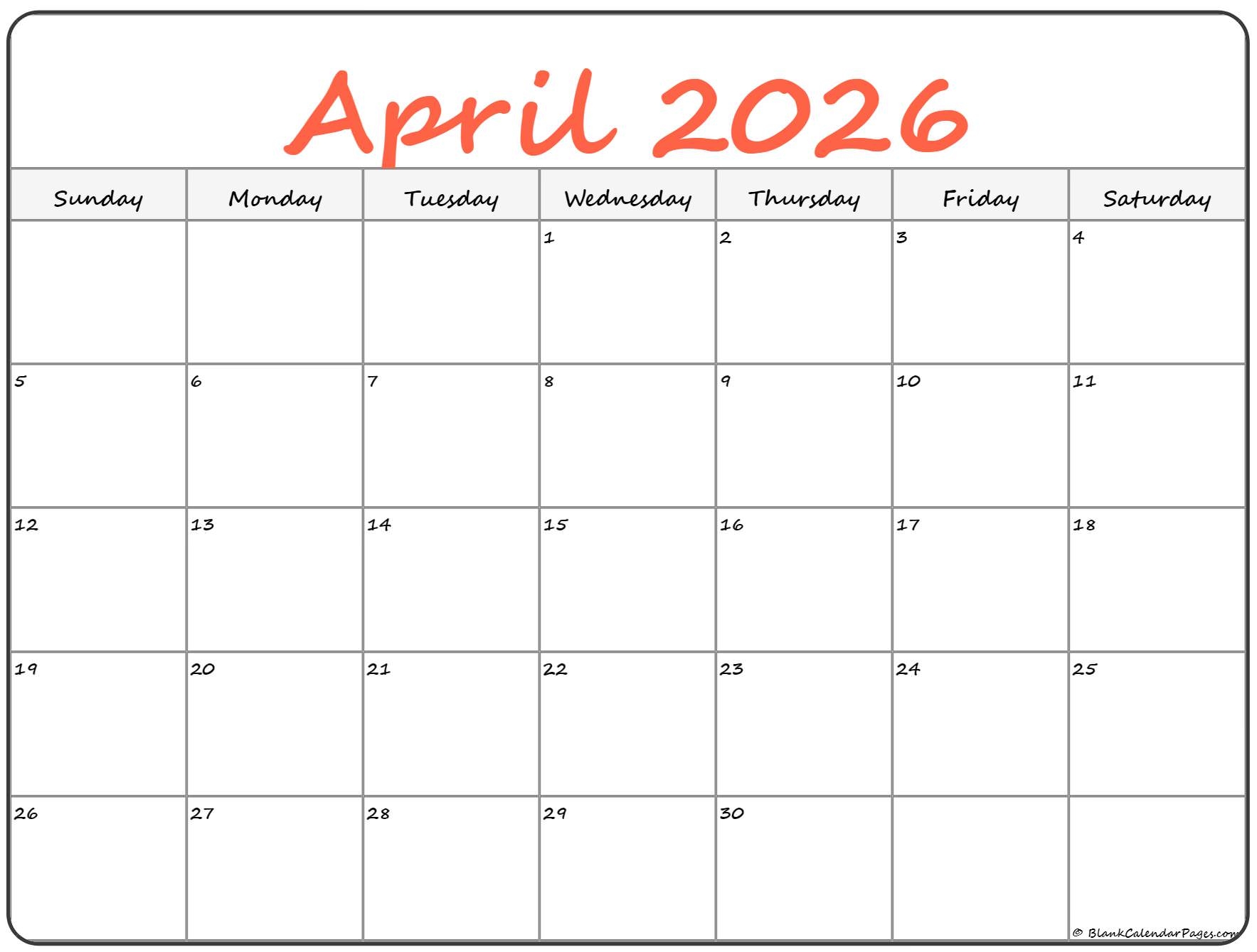 Free April 2026 Printable Calendar
