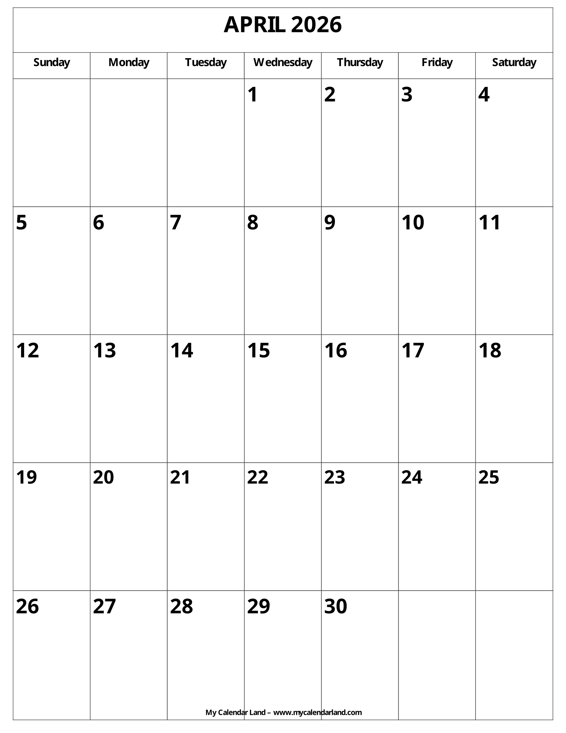 Blank Monthly Calendar Printable April 2026