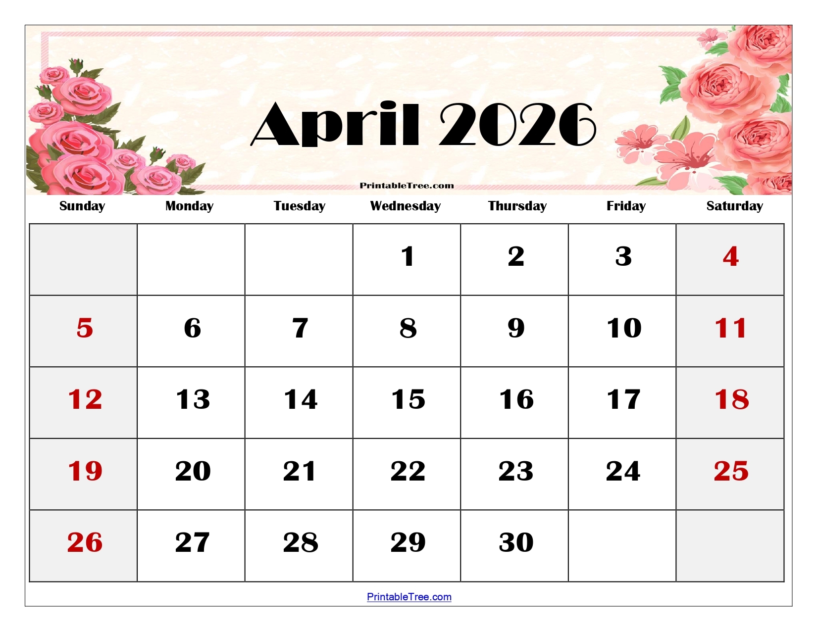 Free Printable Monthly Calendar April 2026