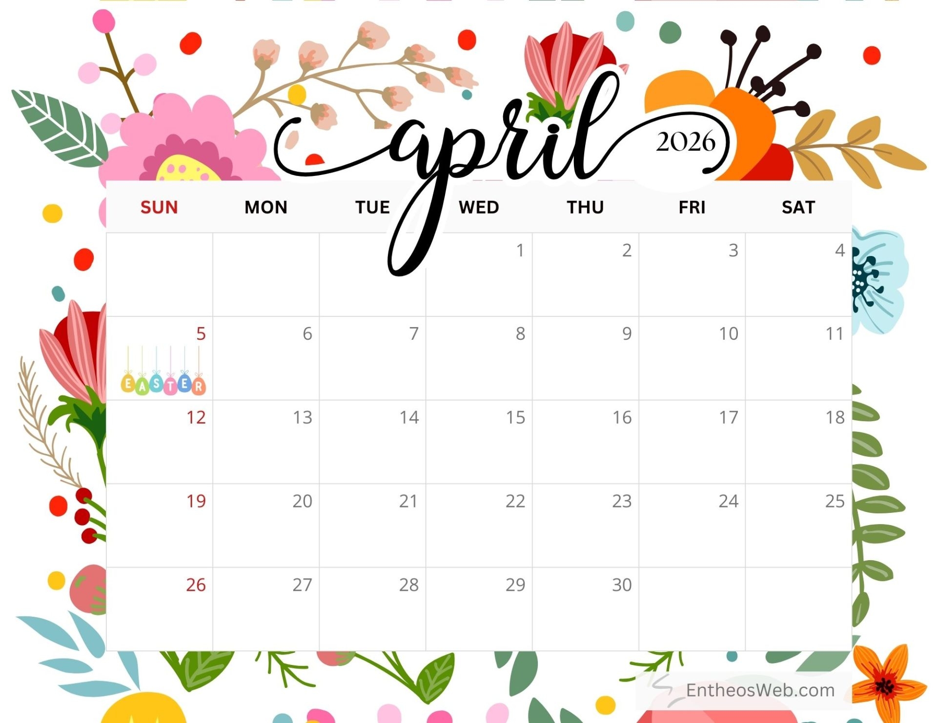Printable April 2026 Calendar With Holidays
