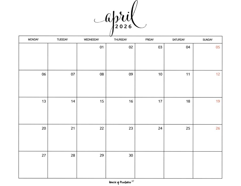 Calendar Template April 2026 Printable
