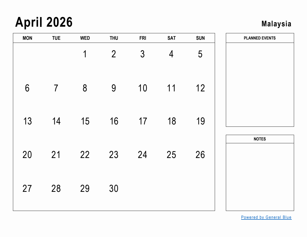 April 2026 Planner With Malaysia Holidays Monday Start 