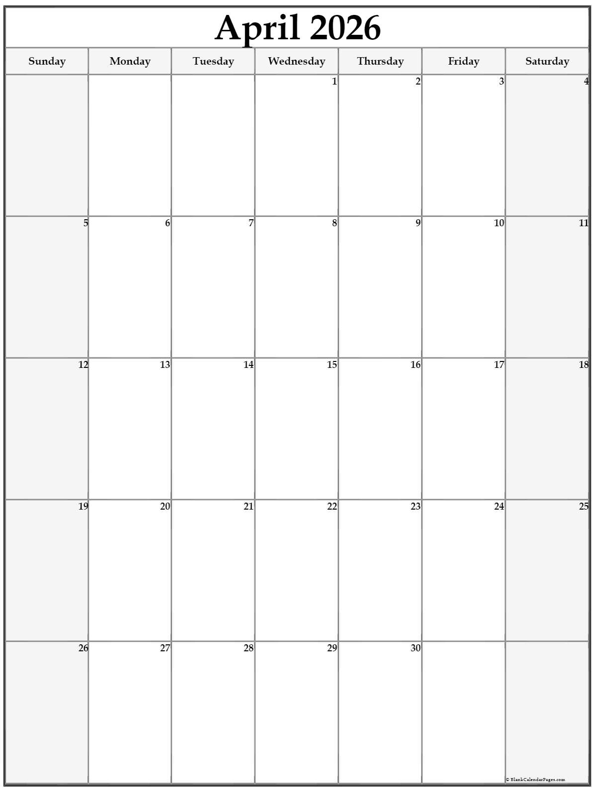 April 2026 Vertical Calendar Portrait