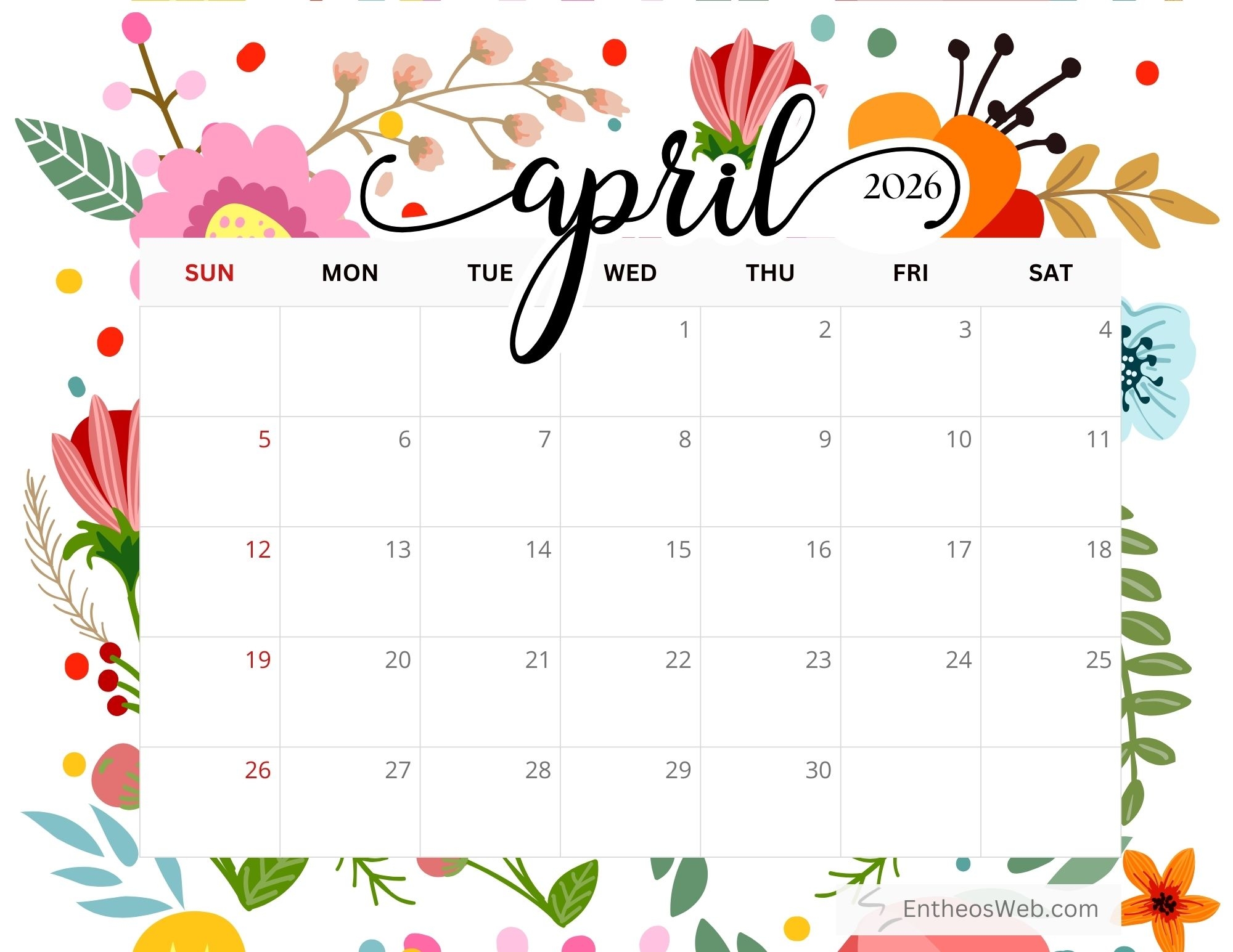 April Calendar Printables For 2026 EntheosWeb