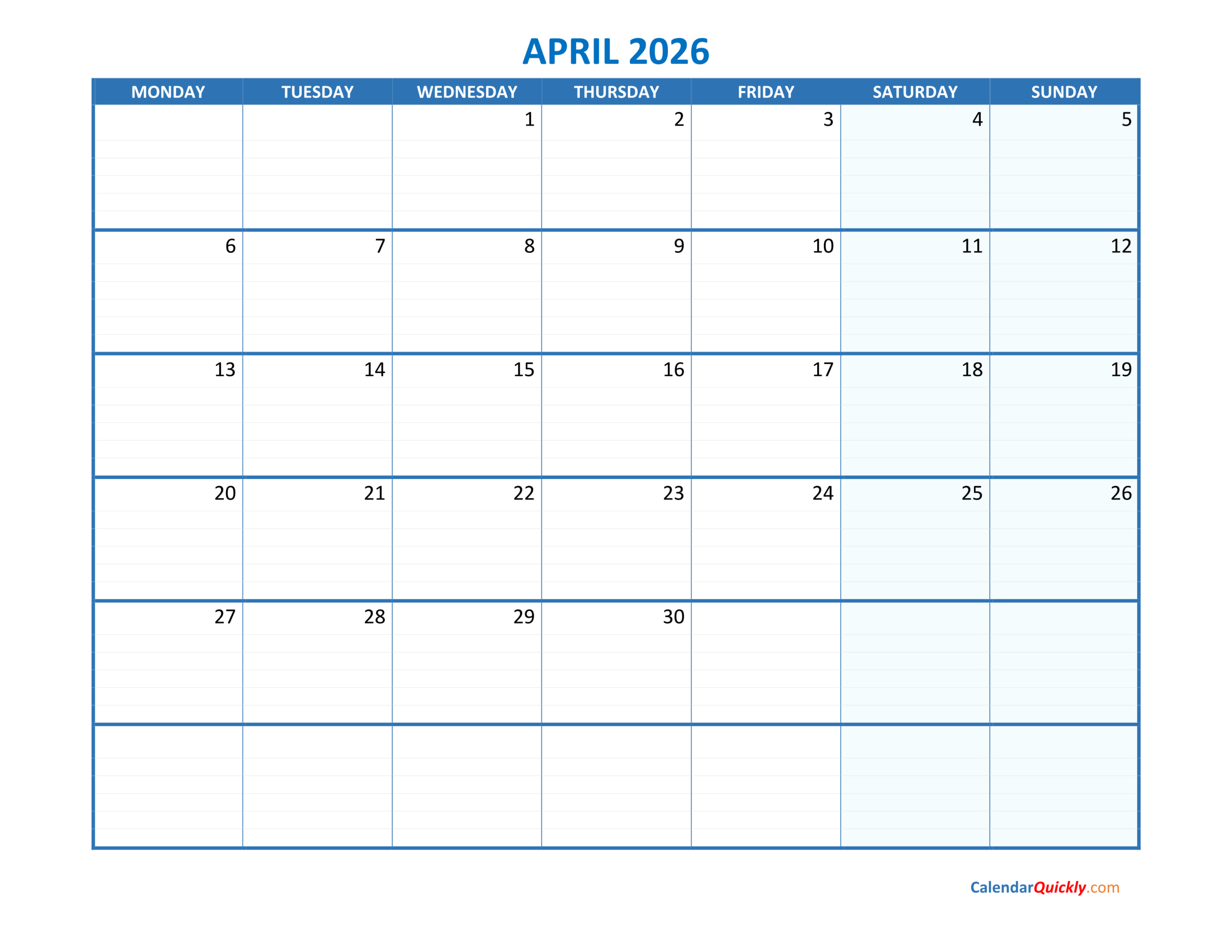 April Monday 2026 Blank Calendar Calendar Quickly