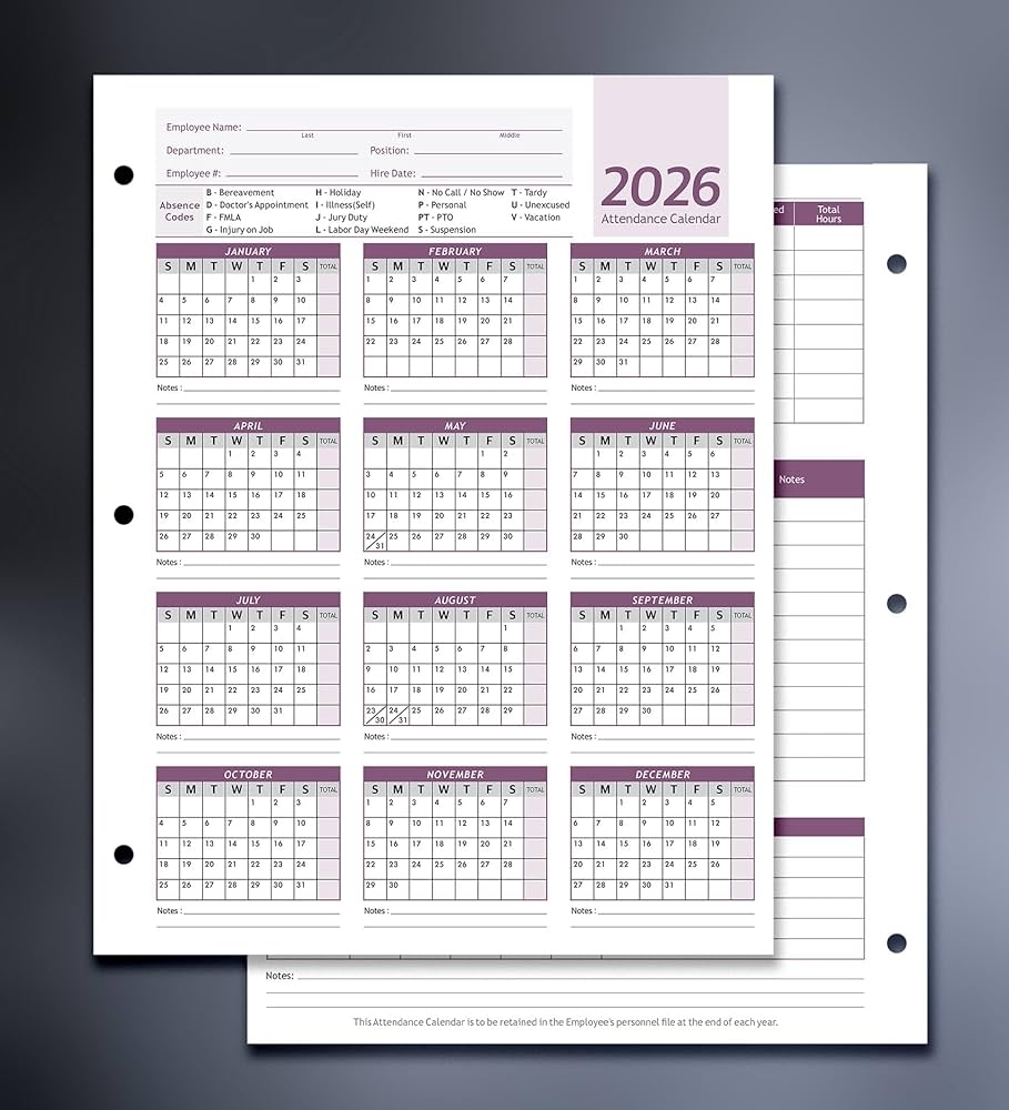 Free Printable 2026 Employee Attendance Calendar Pdf