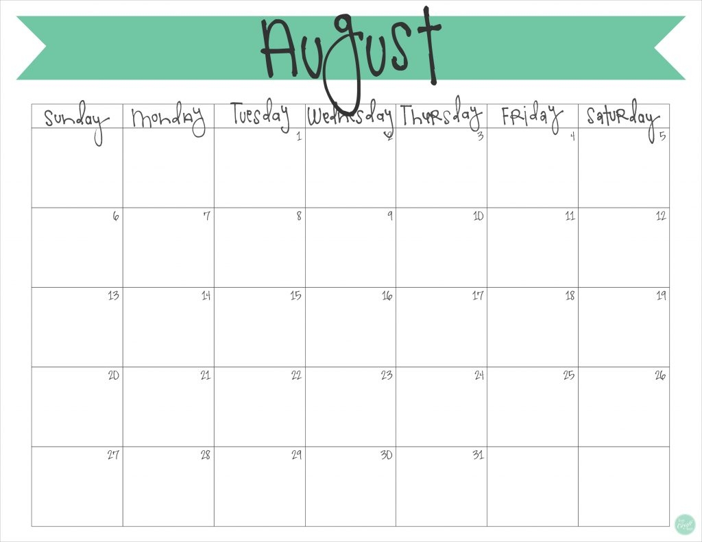 August Monthly Calendar Printable