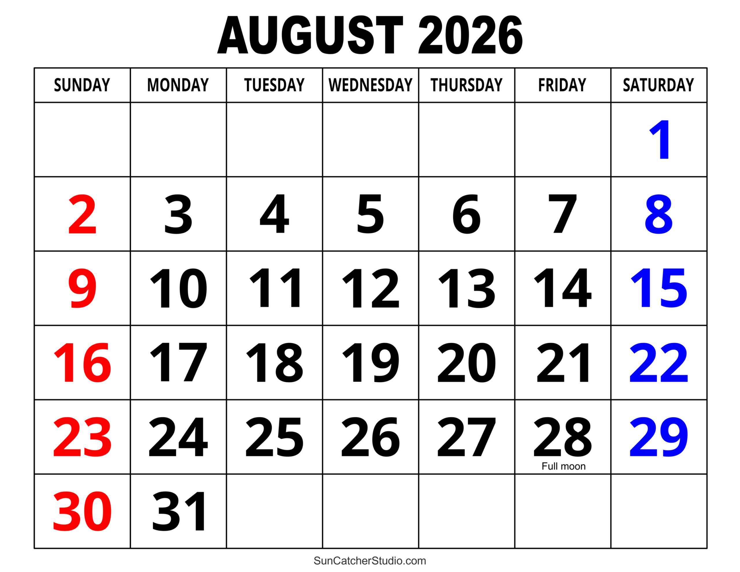 August Blank Calendar 2026