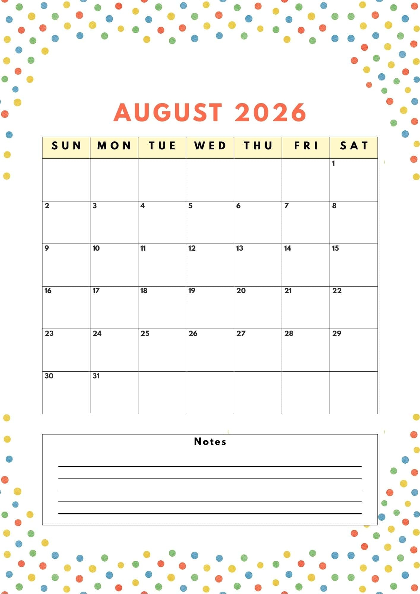 Blank August 2026 Calendar Portrait