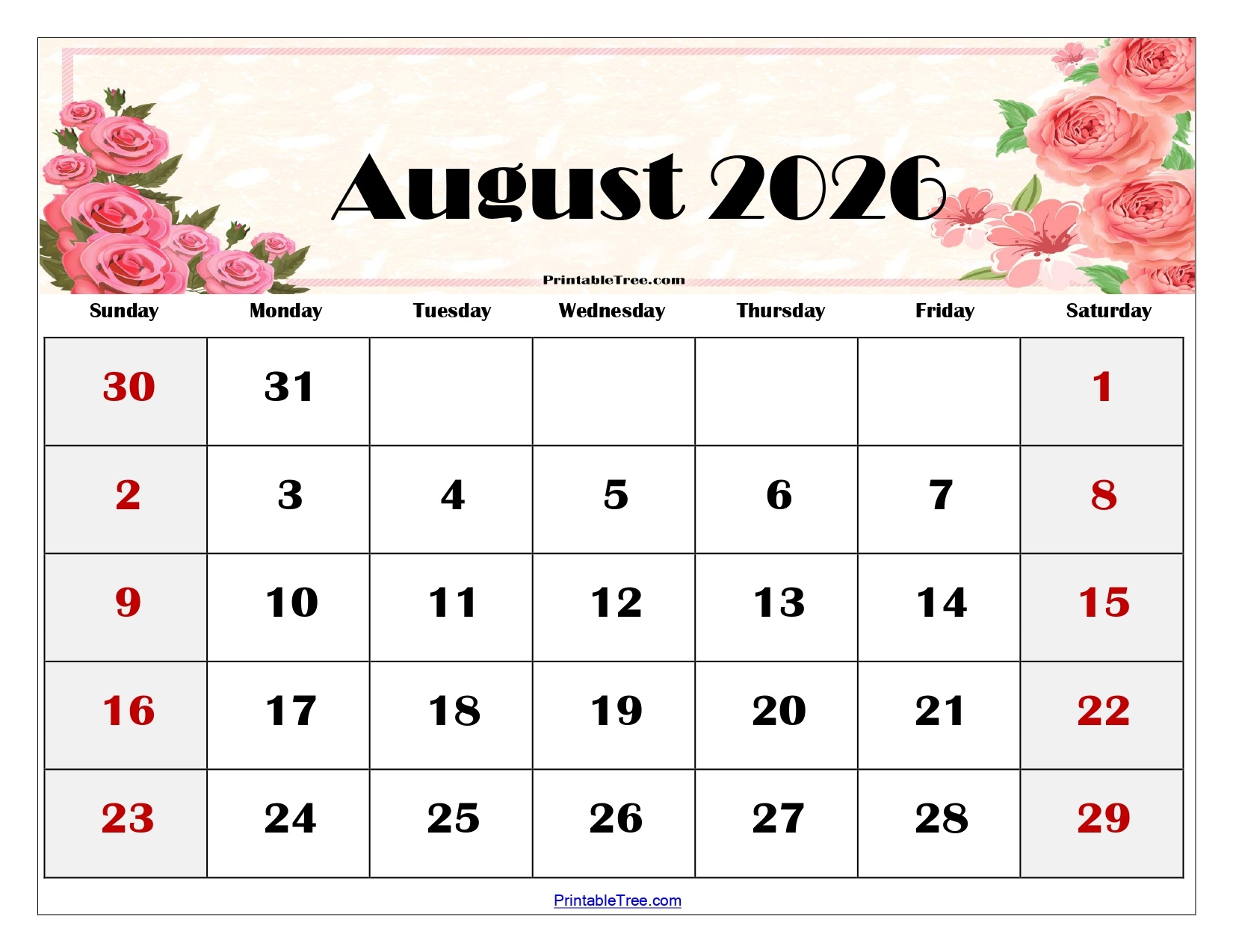 August 2026 Blank Calendar Free