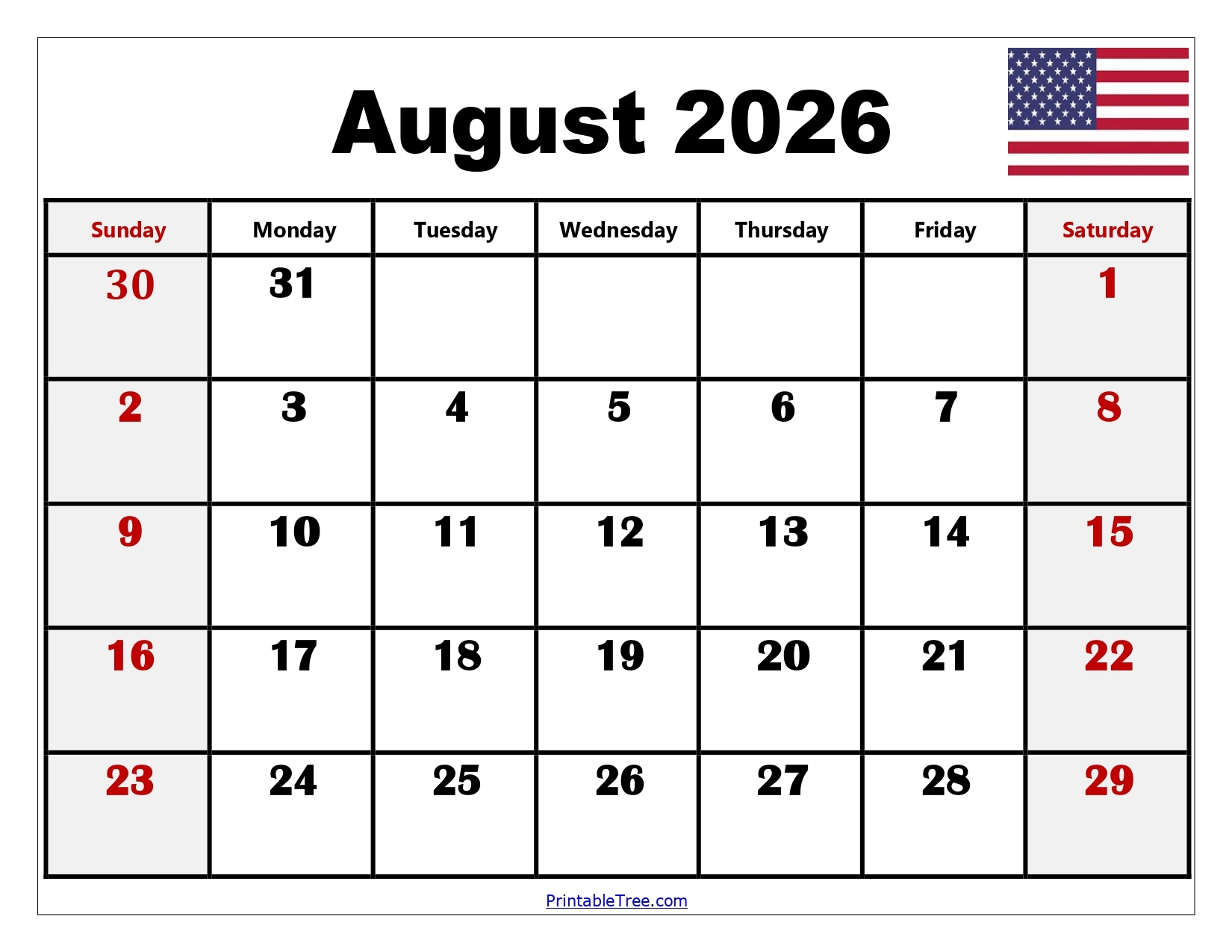 Blank Monthly Calendar Printable 2026 August