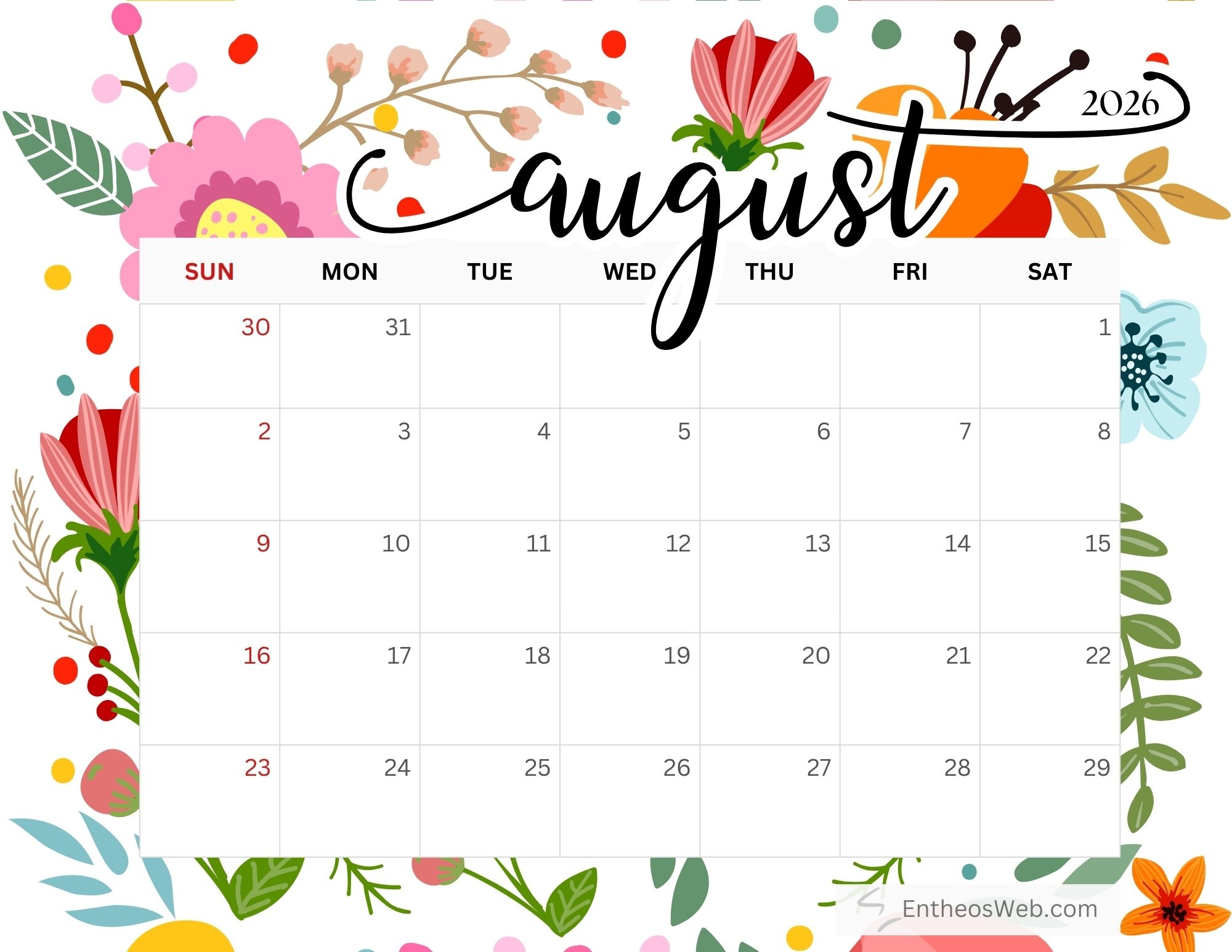 Printable Calendar Free For August 2026