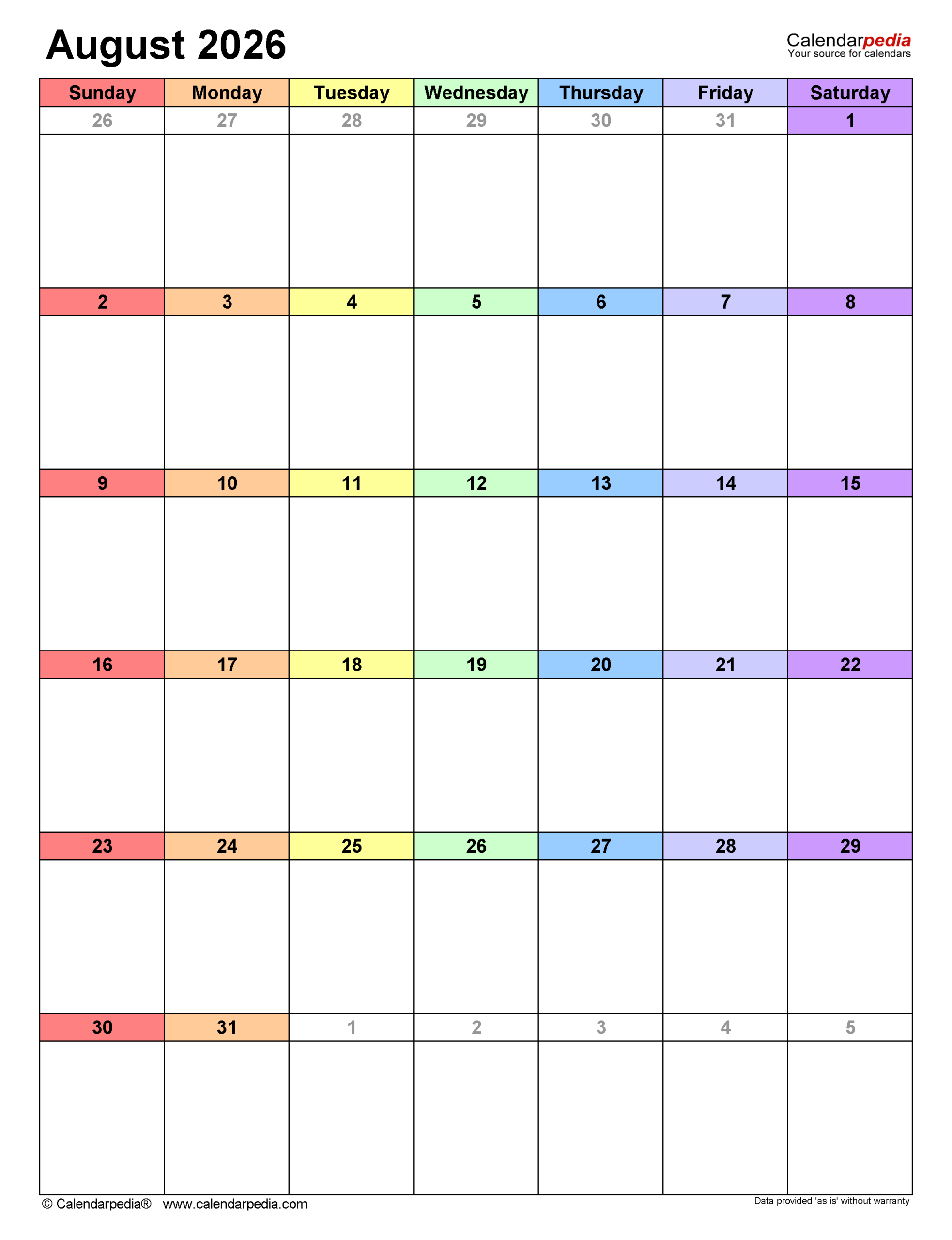 August 2026 Calendar Templates For PDF Excel And Word