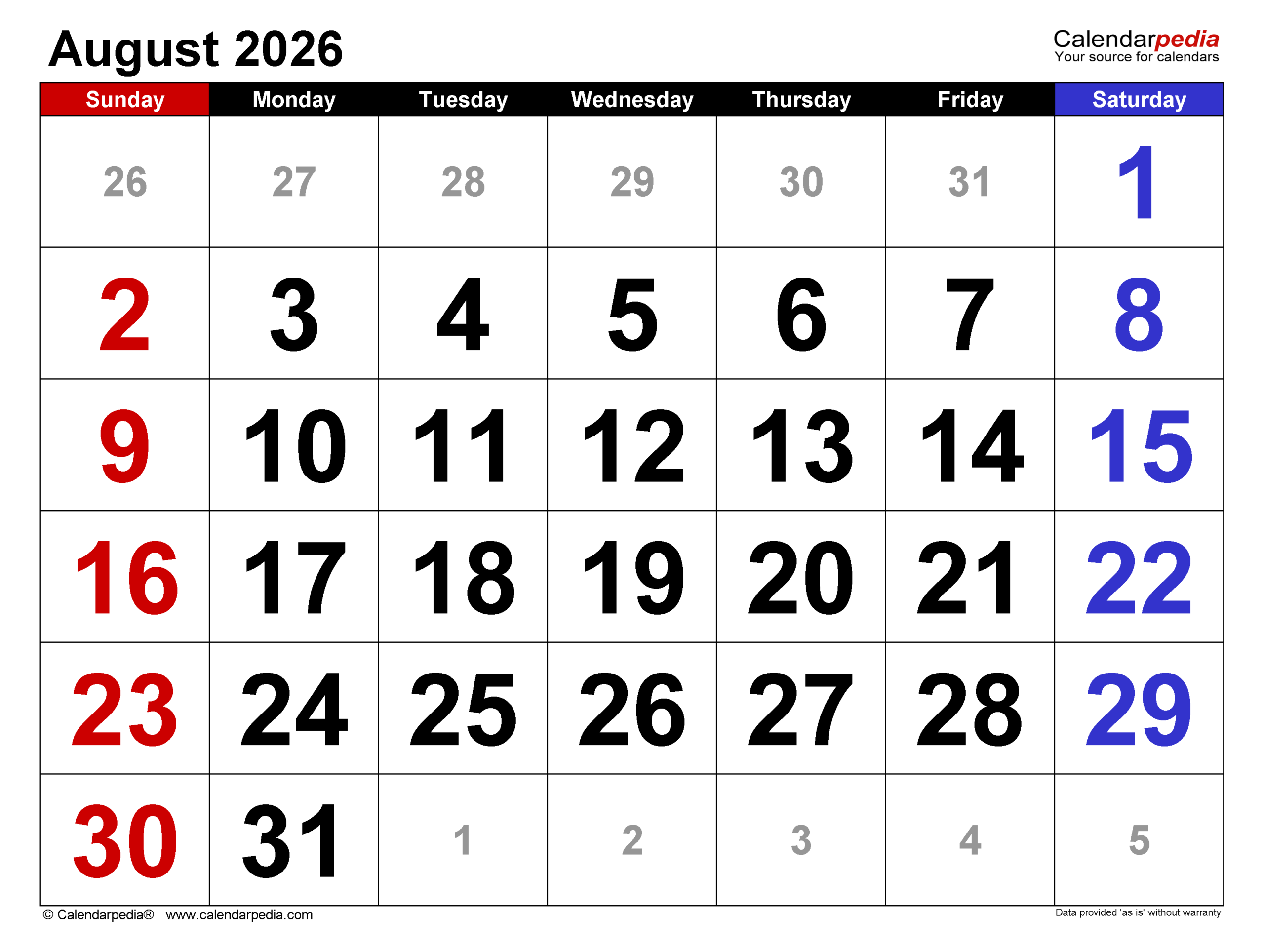 2026 Printable Calendar By Month August