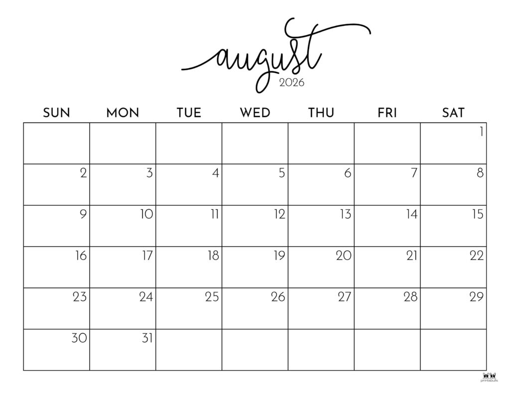 August 2026 Calendars 150 FREE Printables Printabulls