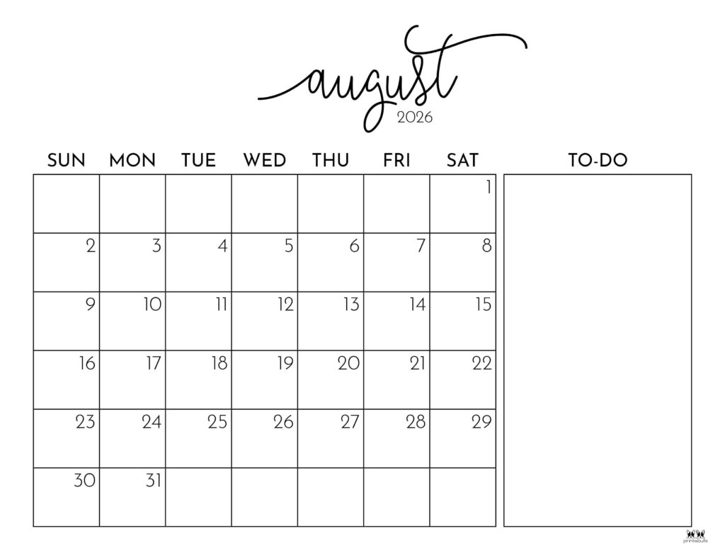 August 2026 Calendars 150 FREE Printables Printabulls