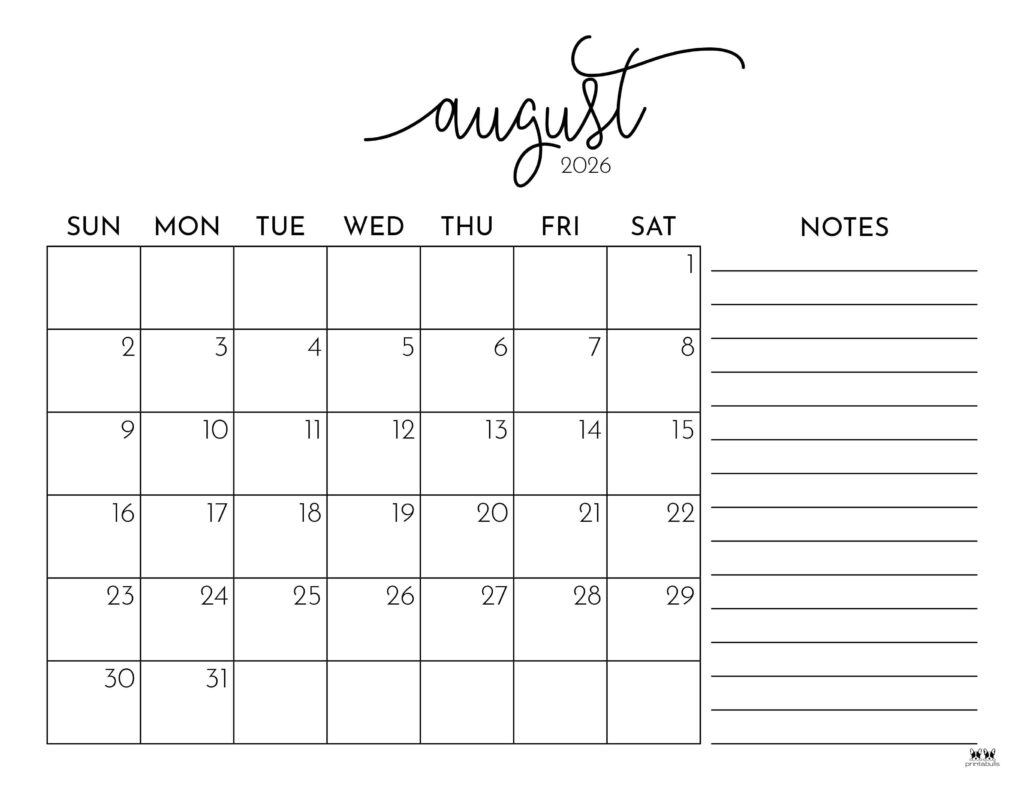 August 2026 Calendars 150 FREE Printables Printabulls