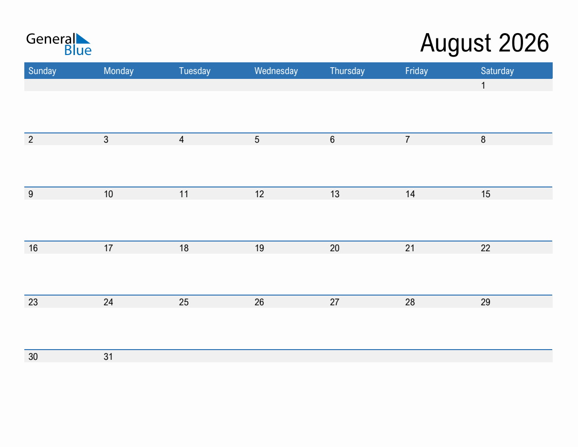 August 2026 Monthly Calendar PDF Word Excel 