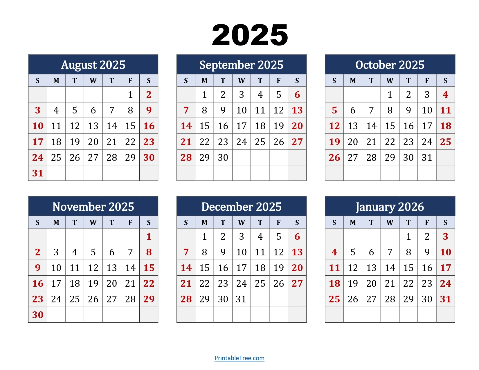 Printable Calendar August Through December 2026