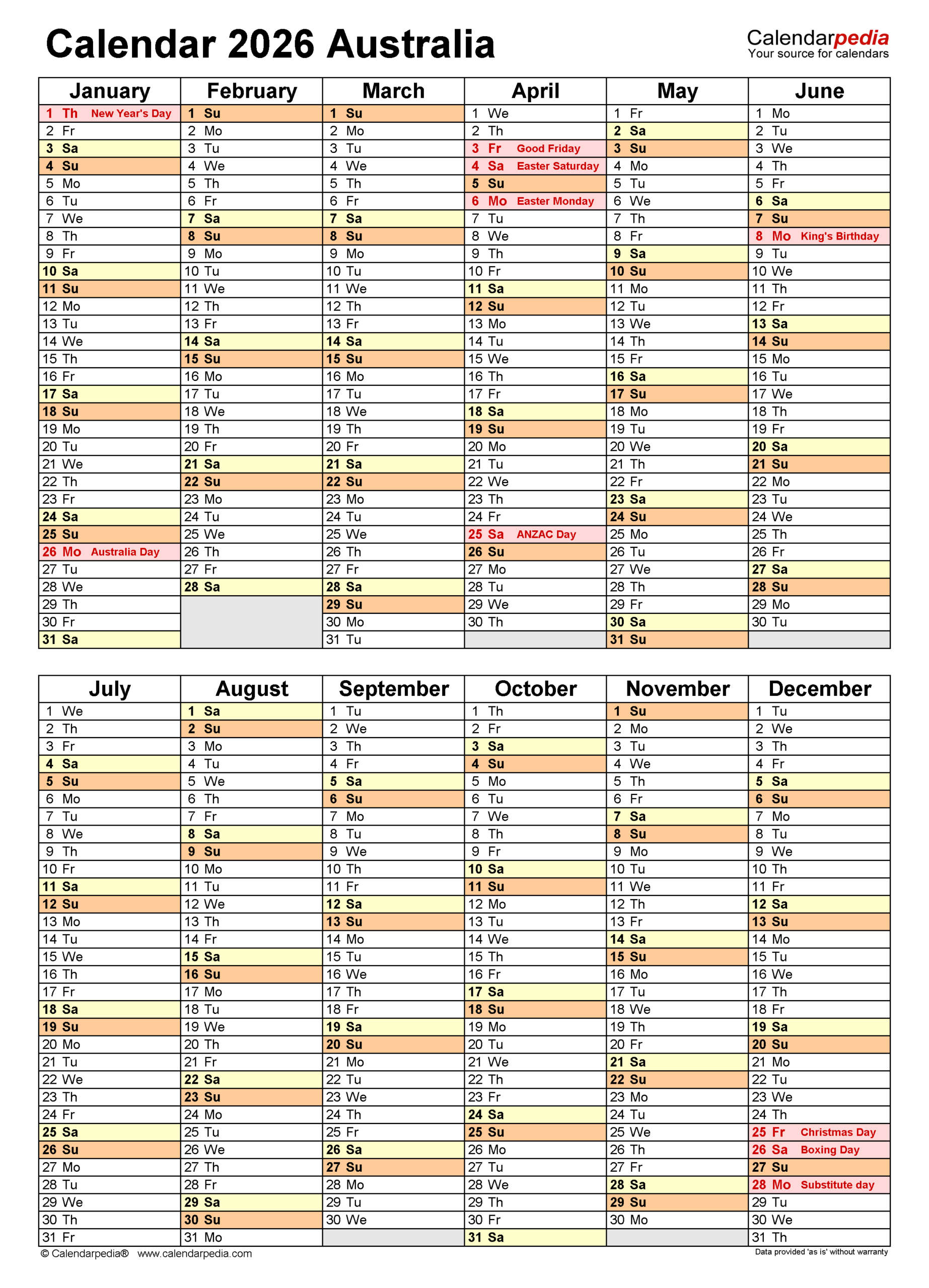 Australia Calendar 2026 Free Printable PDF Templates