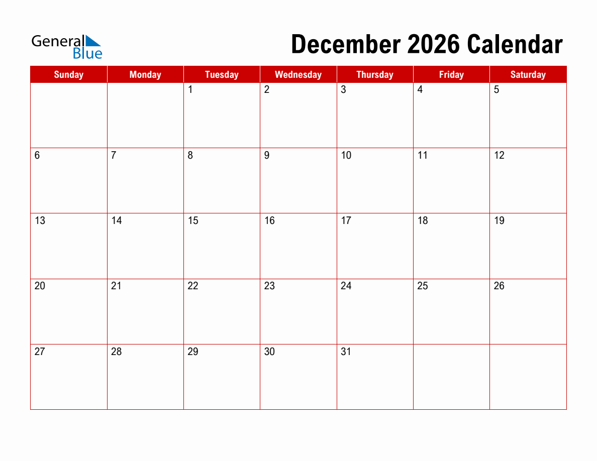 Printable Calendar December 2026 Weekly