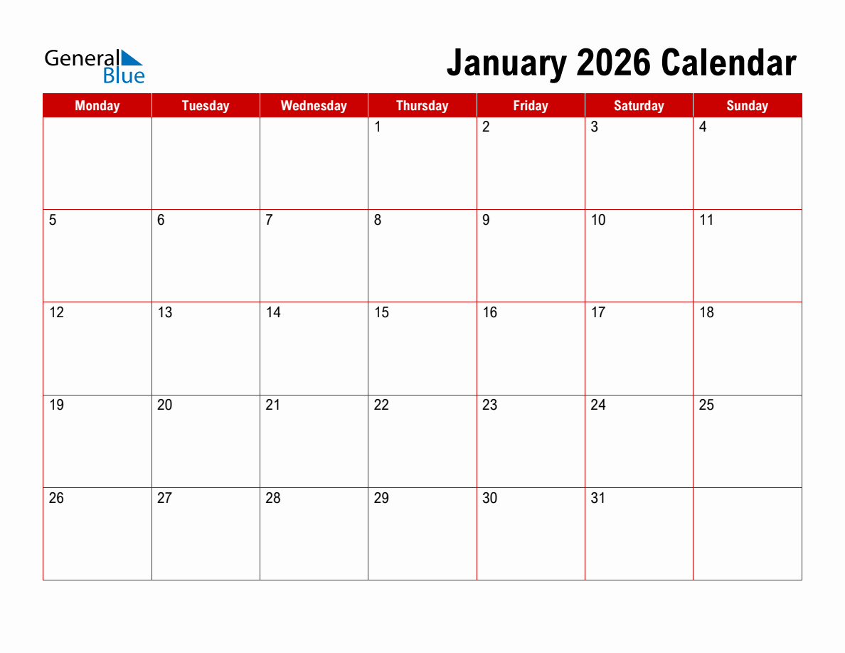 Basic Monthly Calendar January 2026 Monday Start