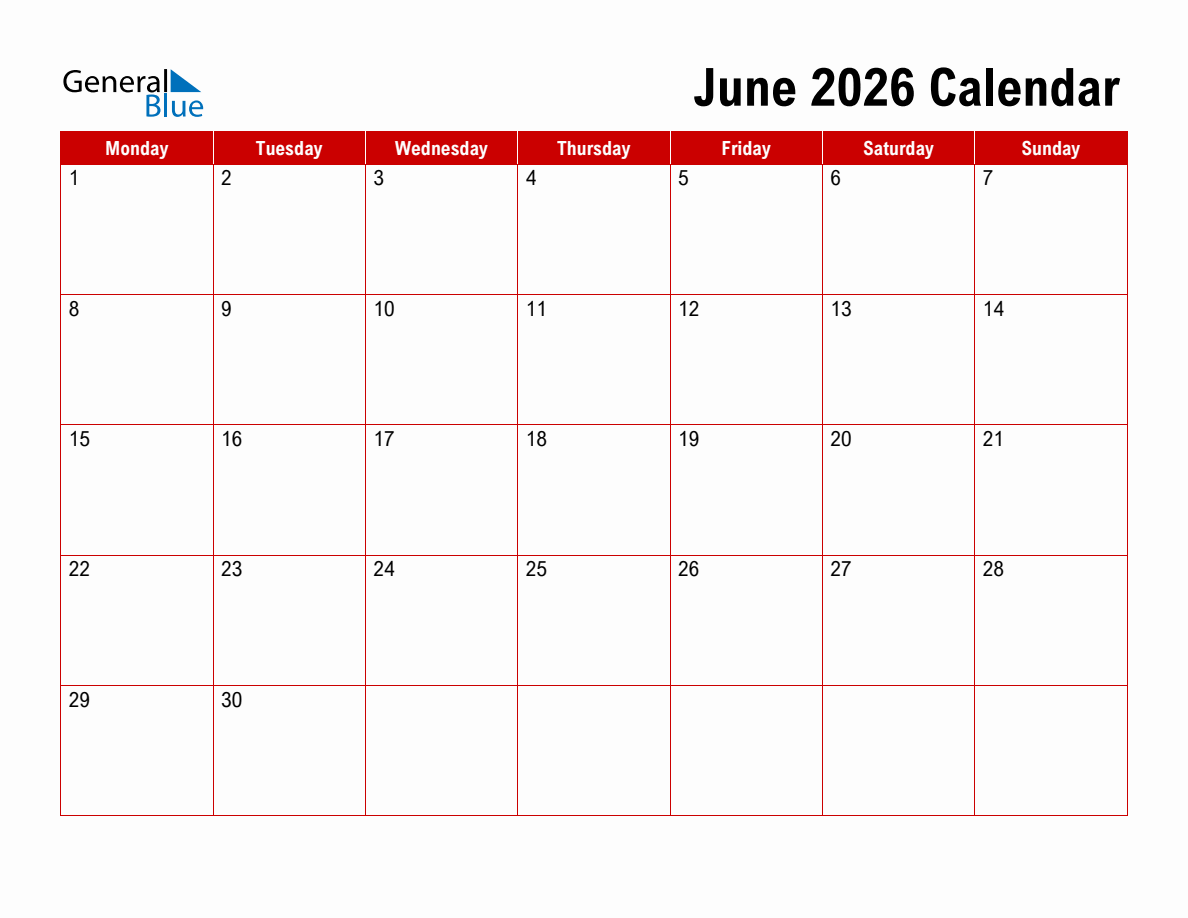 Basic Monthly Calendar June 2026 Monday Start