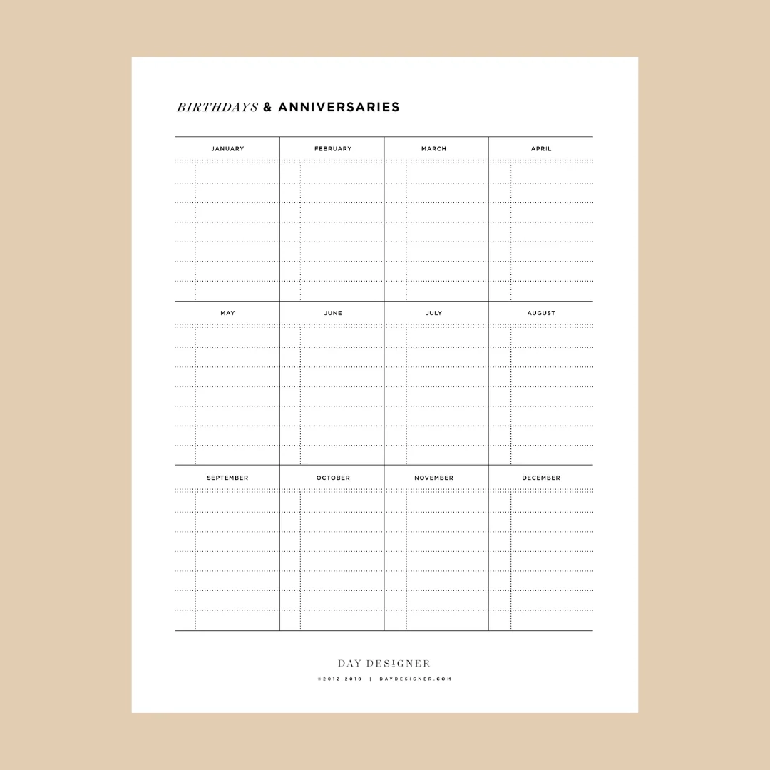 Birthday And Anniversary Printable Calendar Day Designer