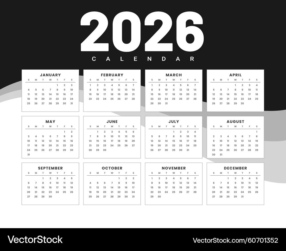 Black And White 2026 Calendar Lizenzfreie Vektorgrafik VectorStock