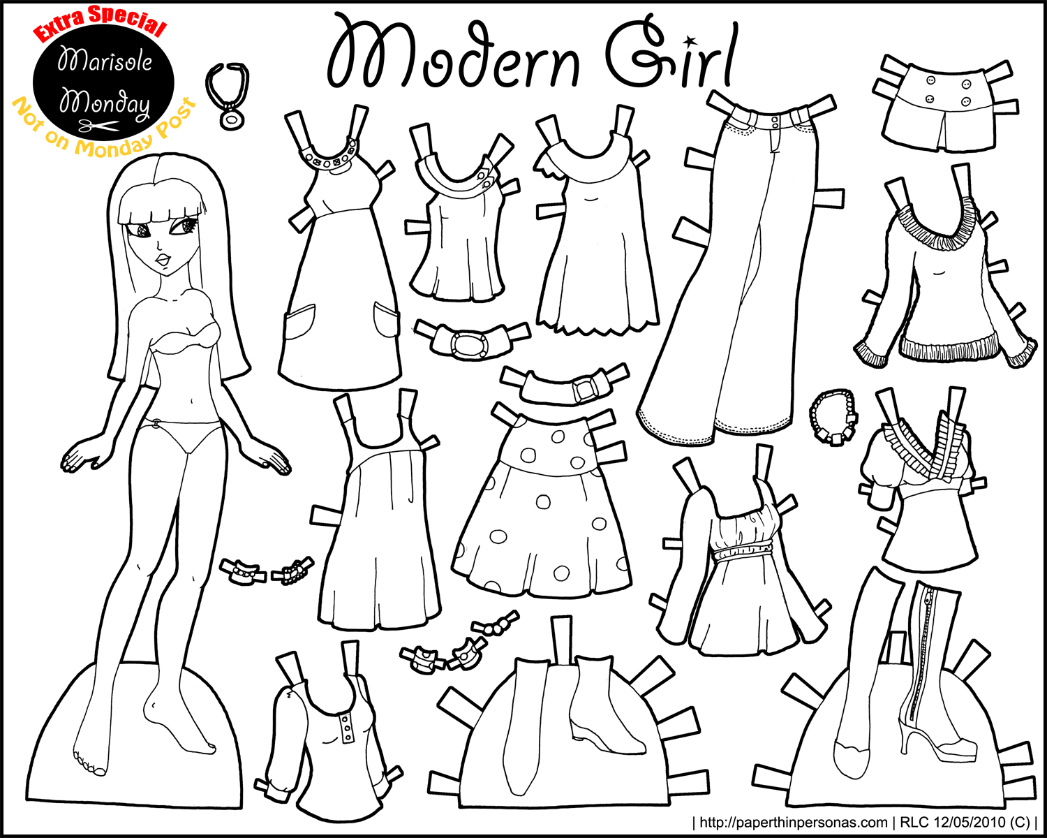 Black And White Printable Paper Doll Modern Girl Worksheets 