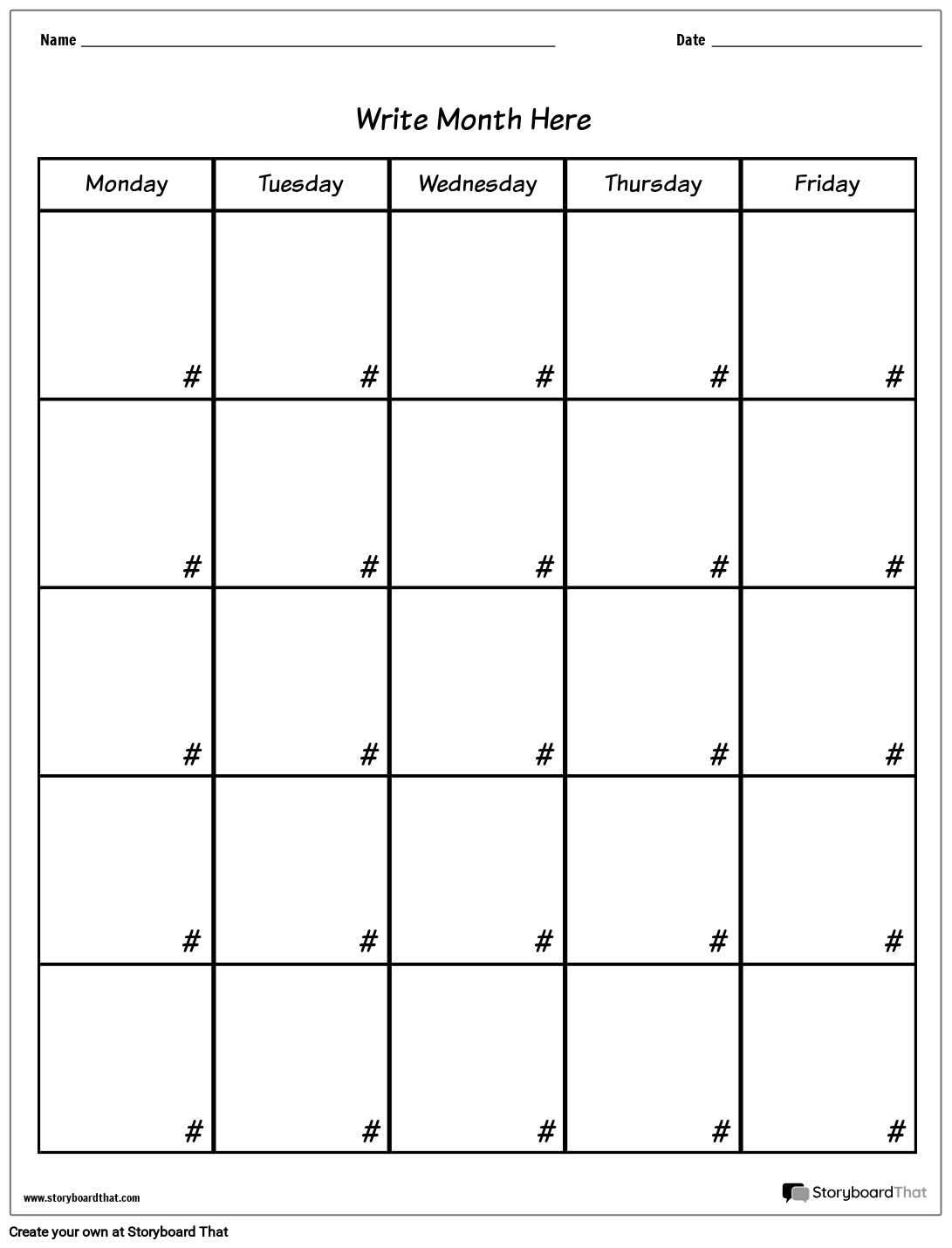 Blank 5 Day Custom Calendar Template Storyboard