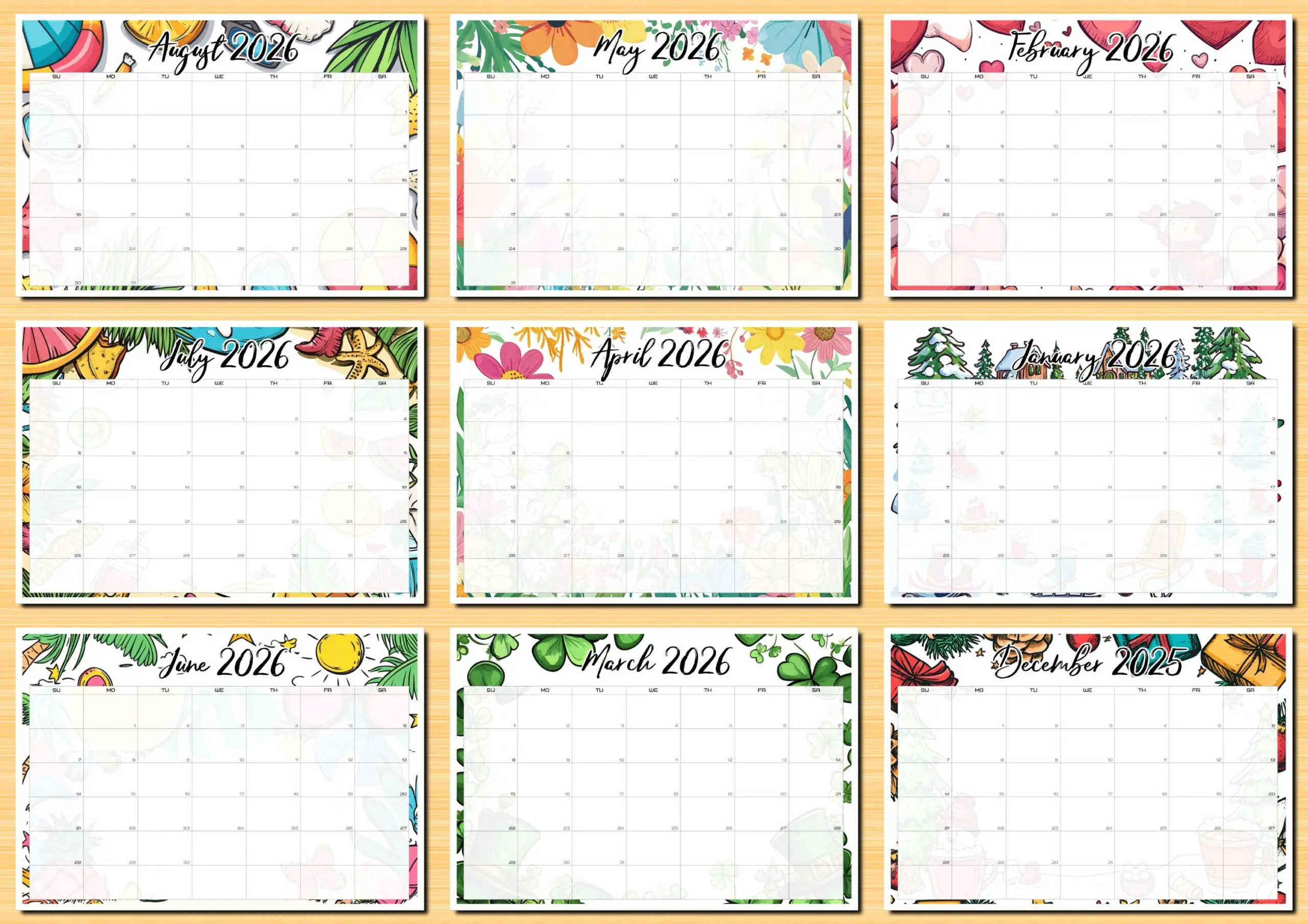 Blank Calendar 2025 2026 august 2025 To December 2026 