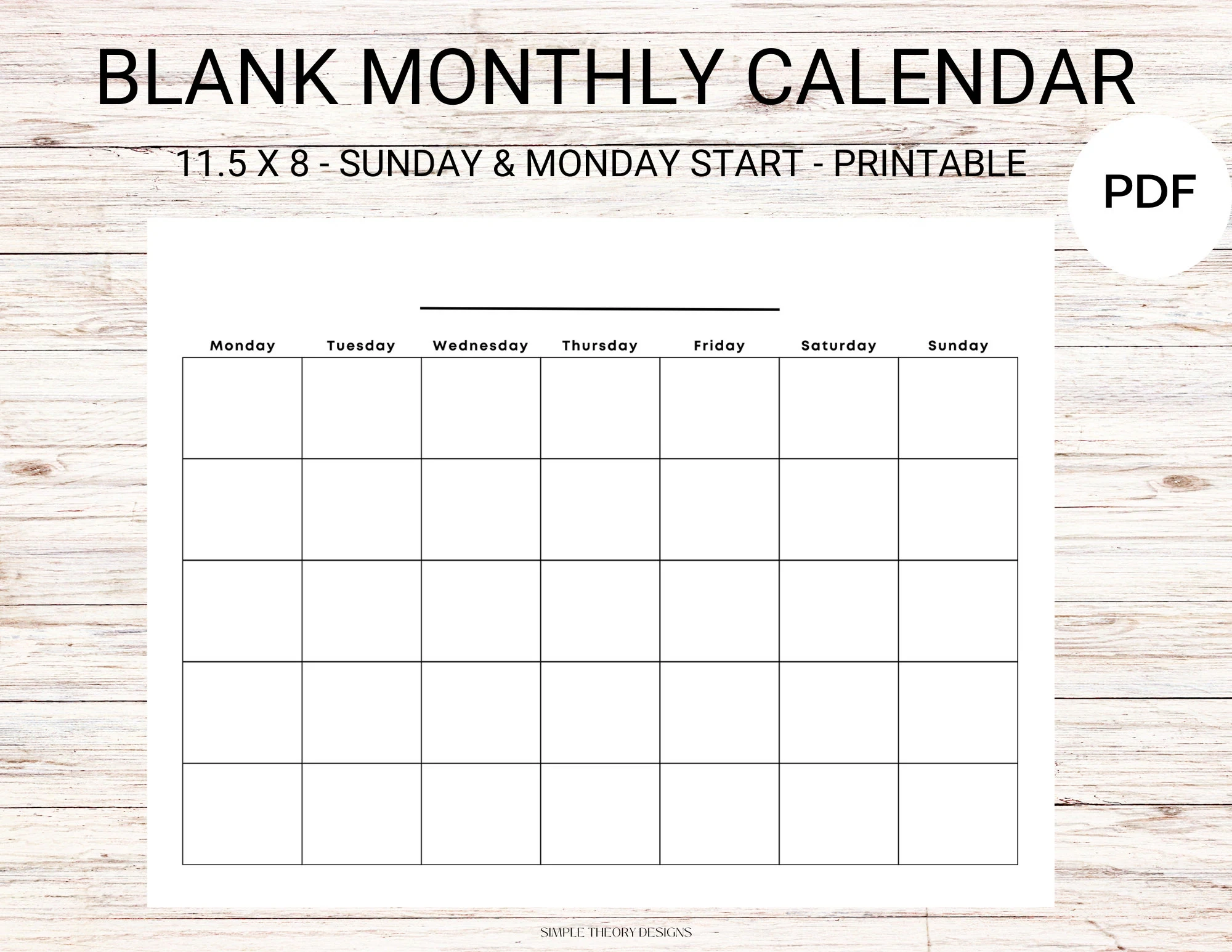 Blank Calendar Sunday amp Monday Start Monthly Minimalist Printable 