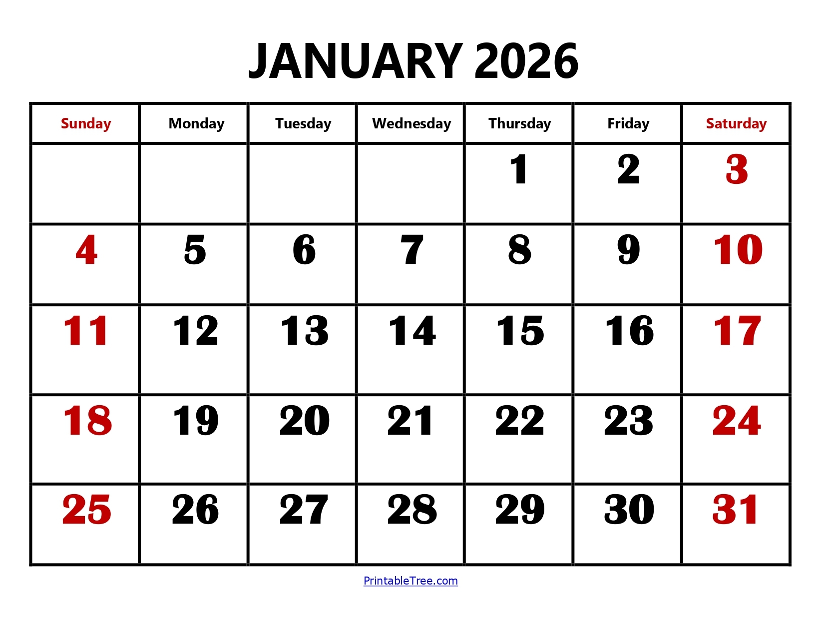 Free Blank January 2026 Calendar
