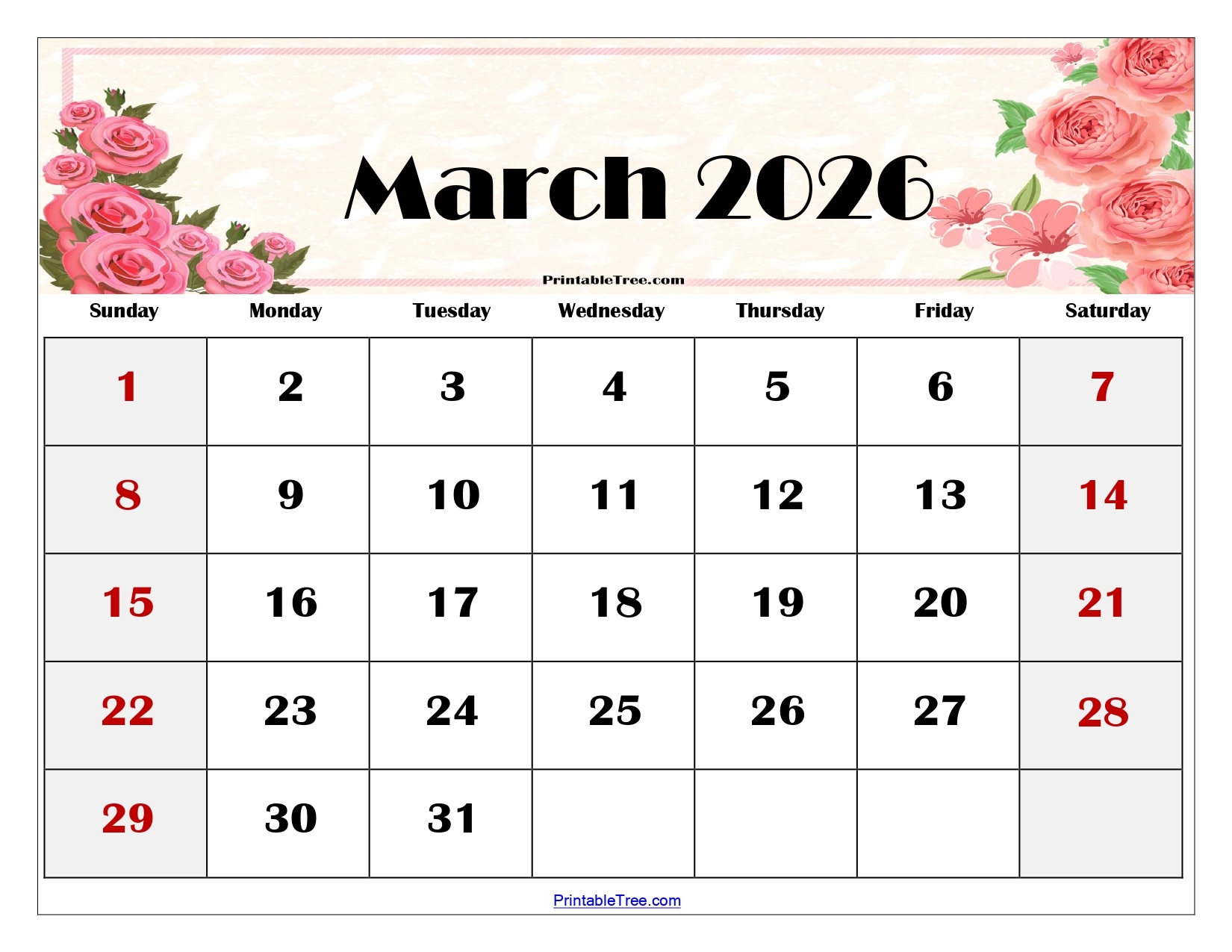 Blank Calendar March 2026