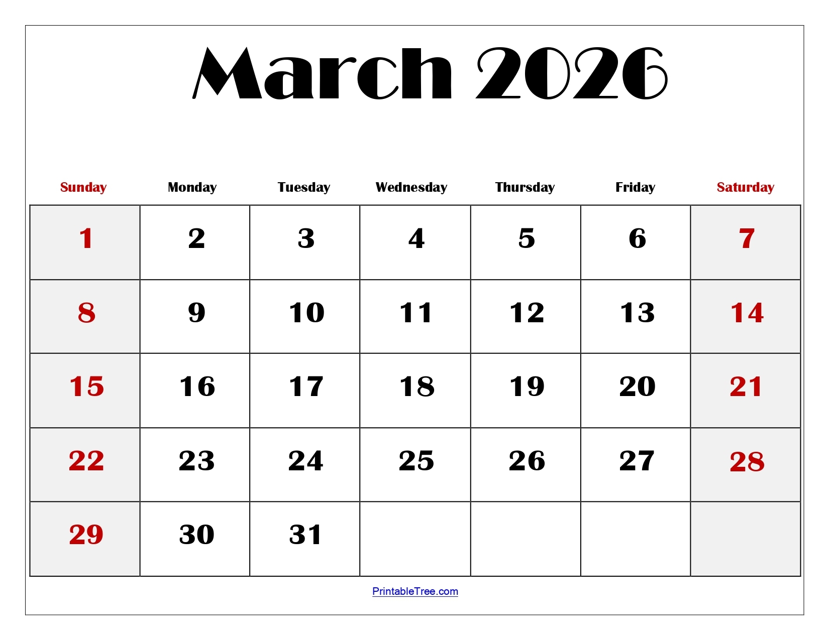 Blank Printable 2026 March Calendar